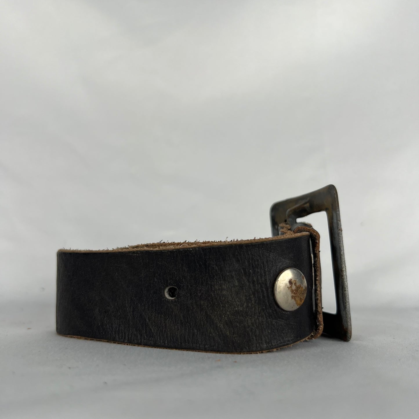 50s Worn Square Buckle Black Leather Belt- 32"-36"