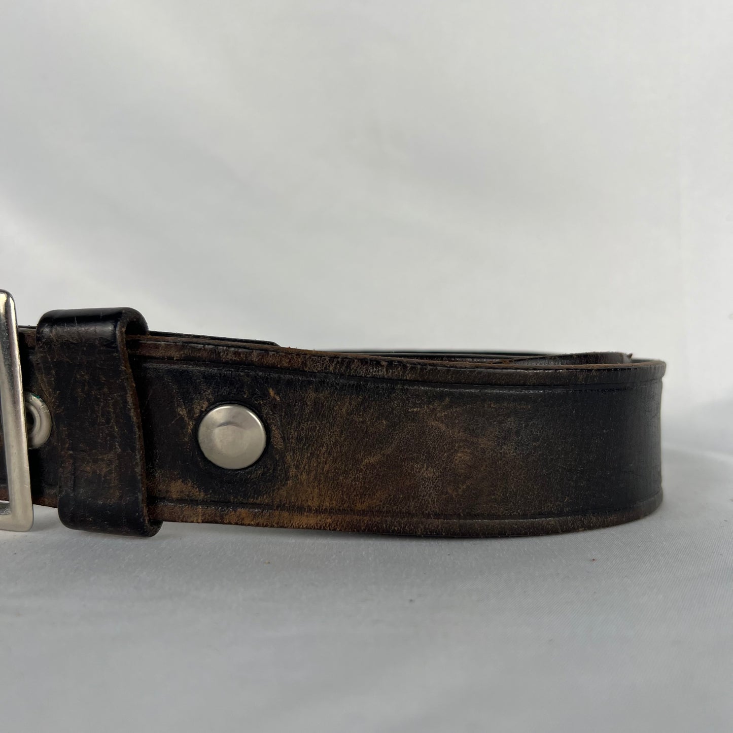 60s Square Buckle Black Patina Leather Belt- 36"-38"