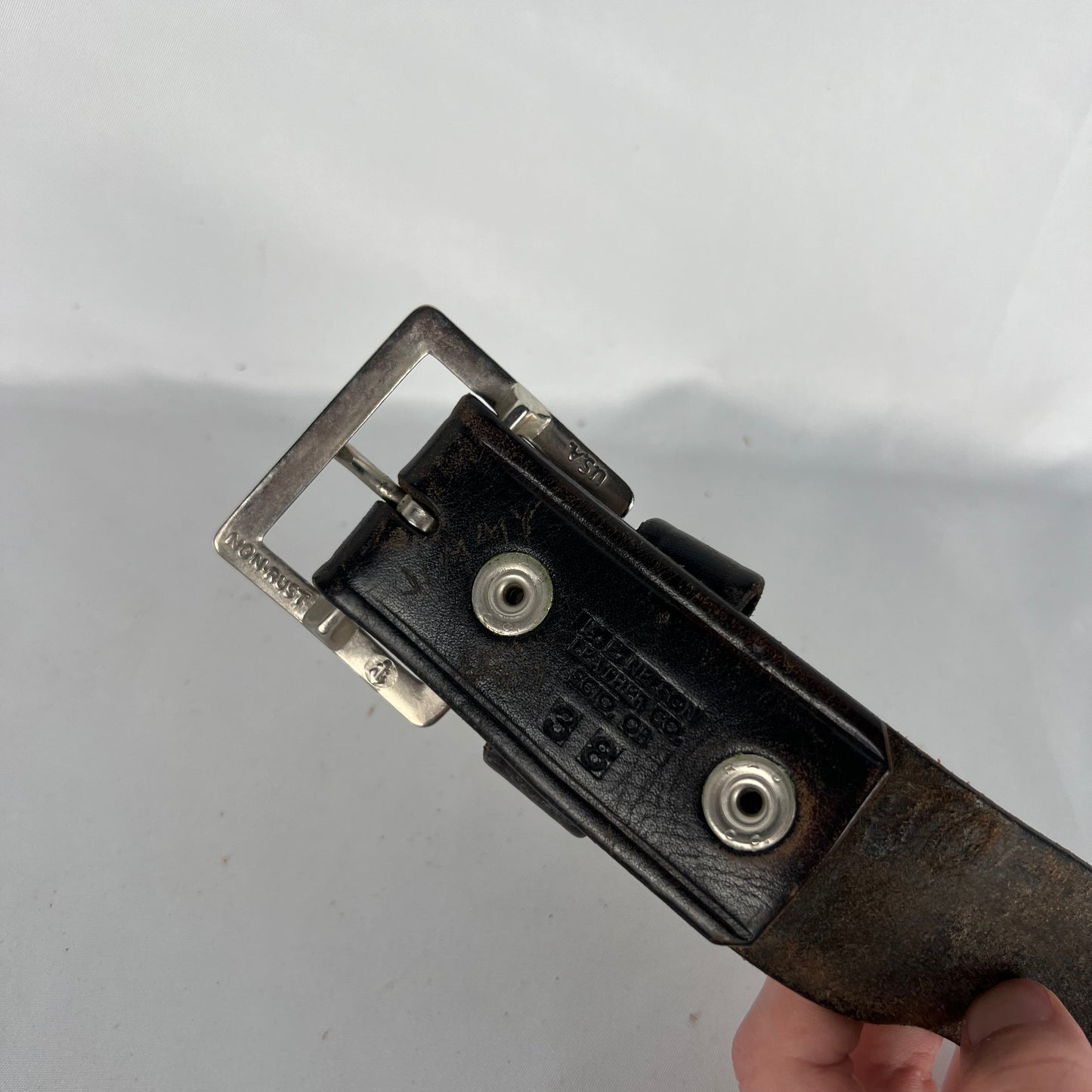 60s Square Buckle Black Patina Leather Belt- 36"-38"