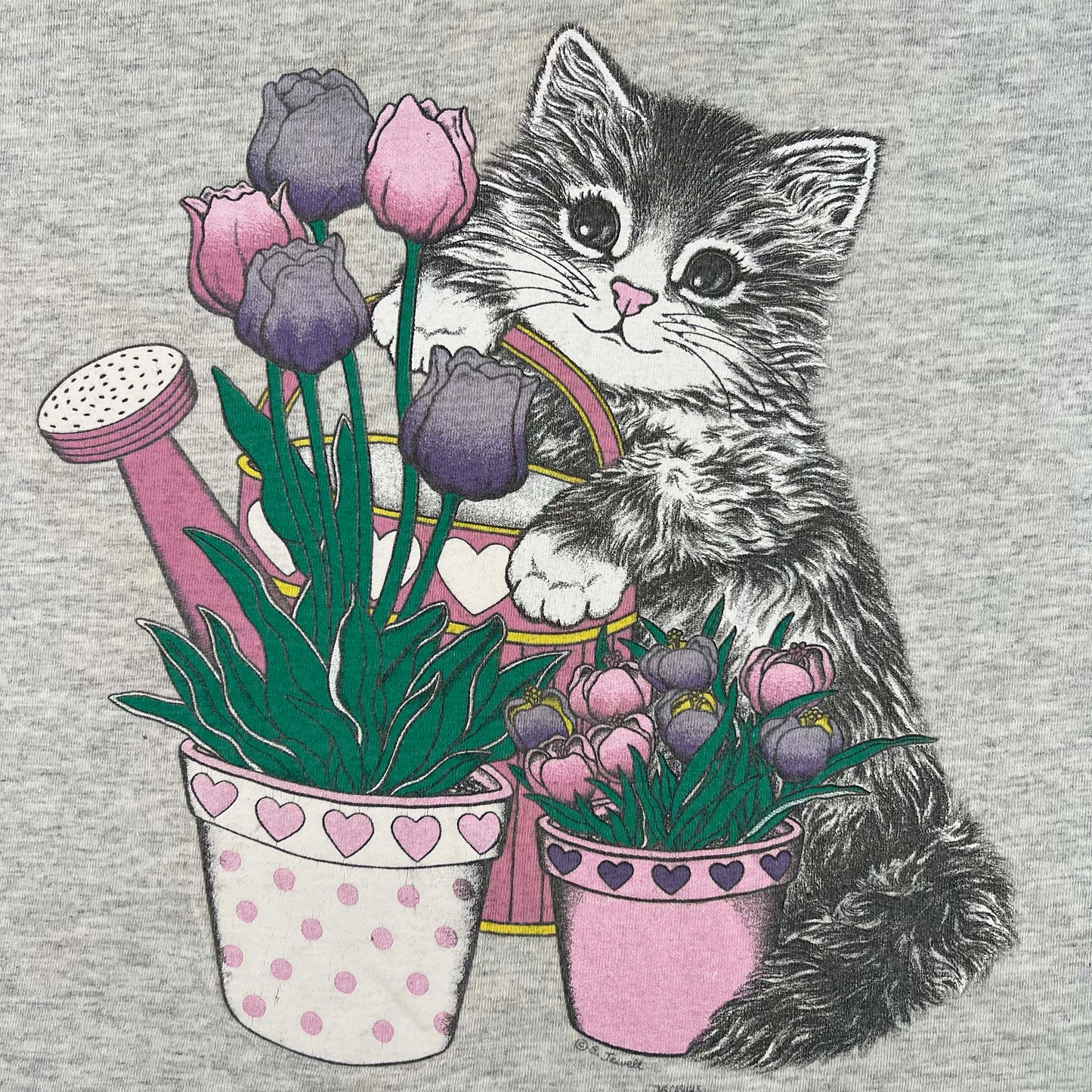 90s Adorable Cat and Tulips Tee- S