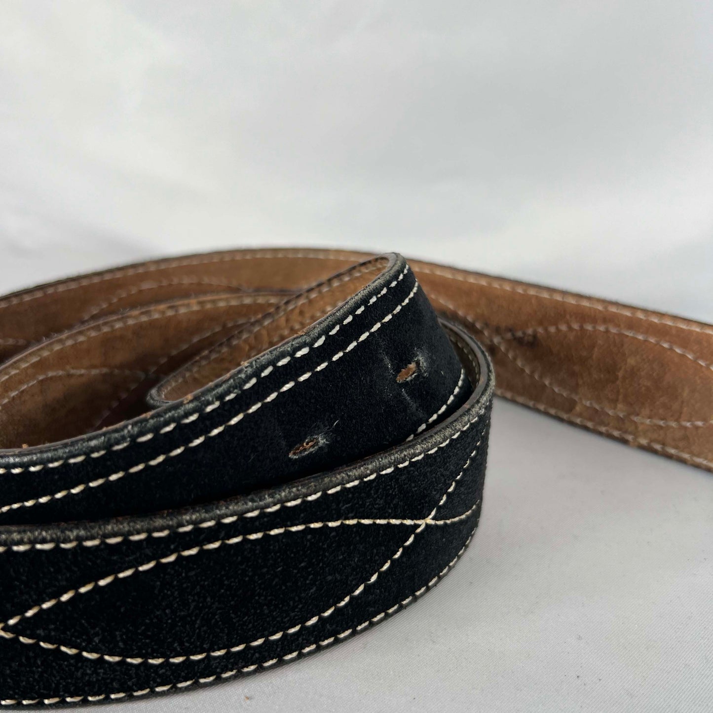 90s Biker Girl Buckle White Stitched Black Leather Belt- 32"-36"