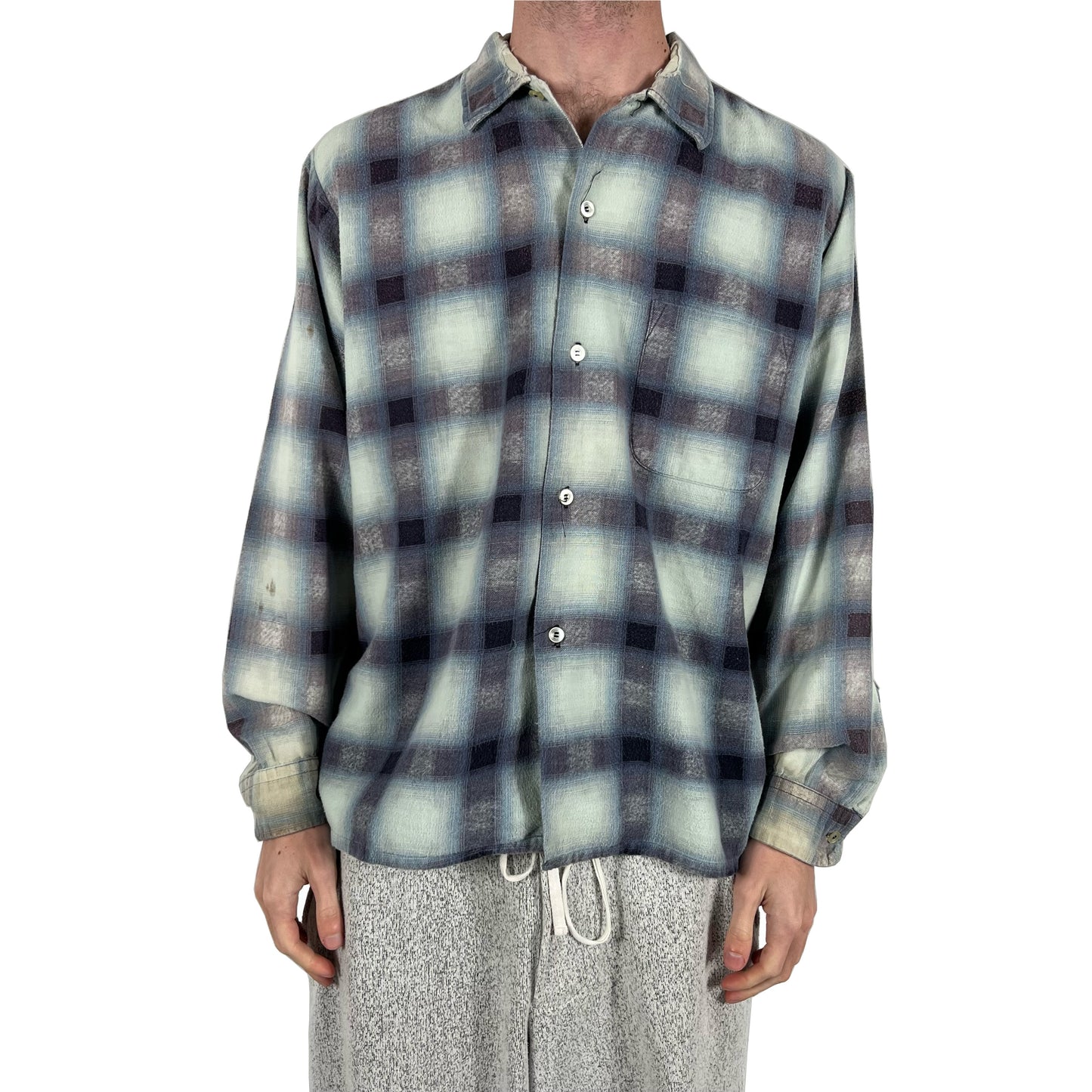 50s Soft Cotton Shadow Plaid Flannel Shirt- L