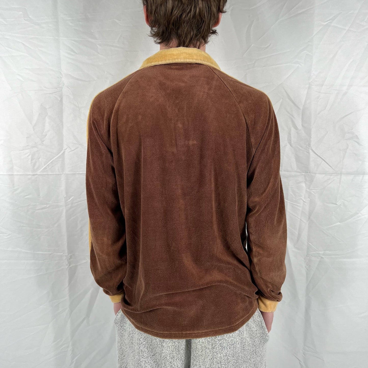 70s Two Tone Brown Velour Long Sleeve Polo- M