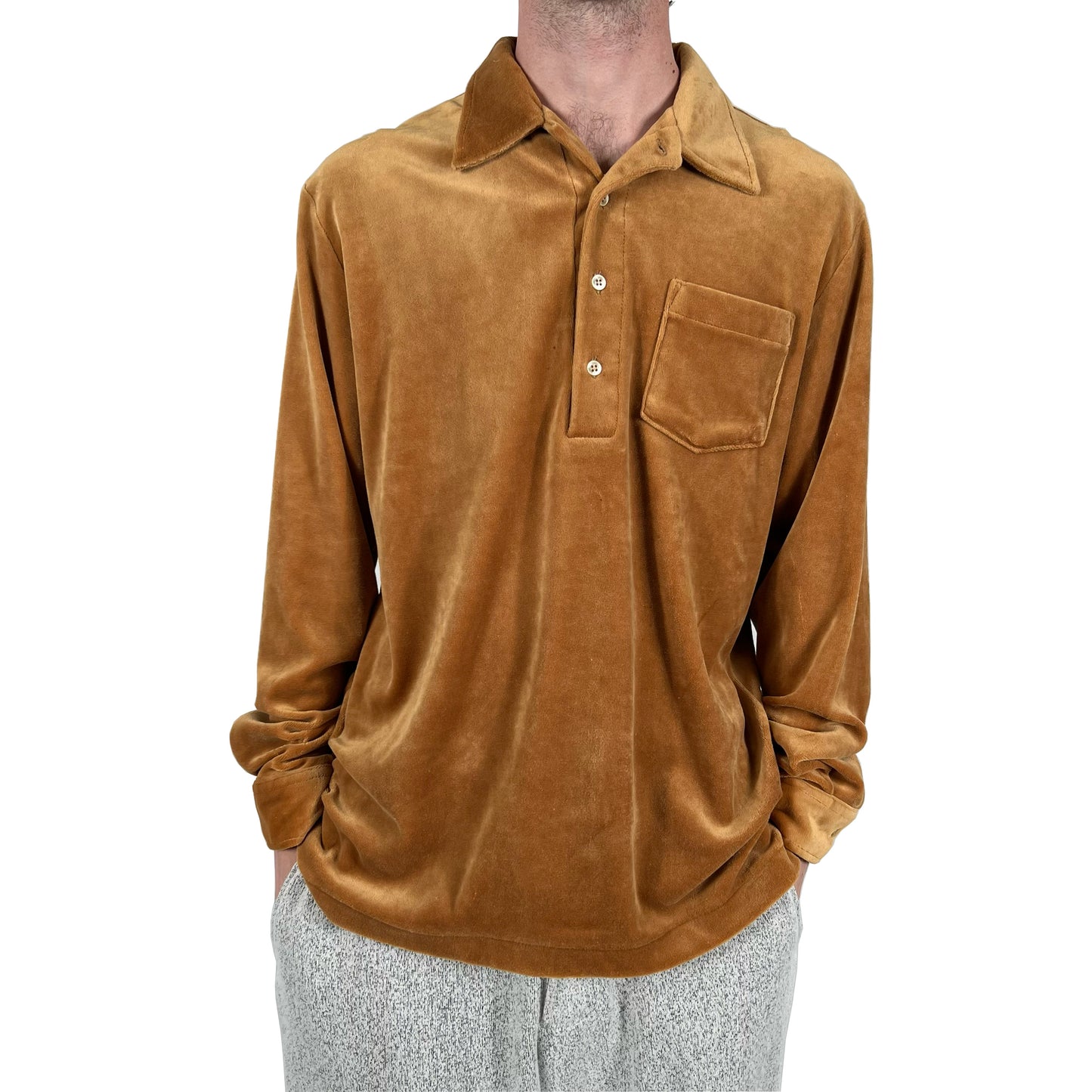 70s Caramel Tan Velour Long Sleeve Polo- L