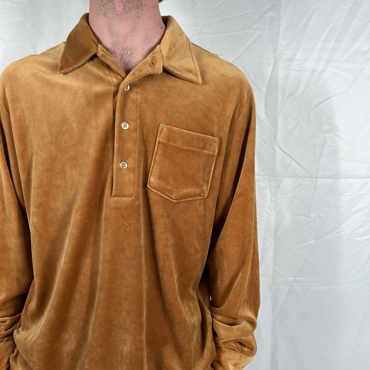 70s Caramel Tan Velour Long Sleeve Polo- L