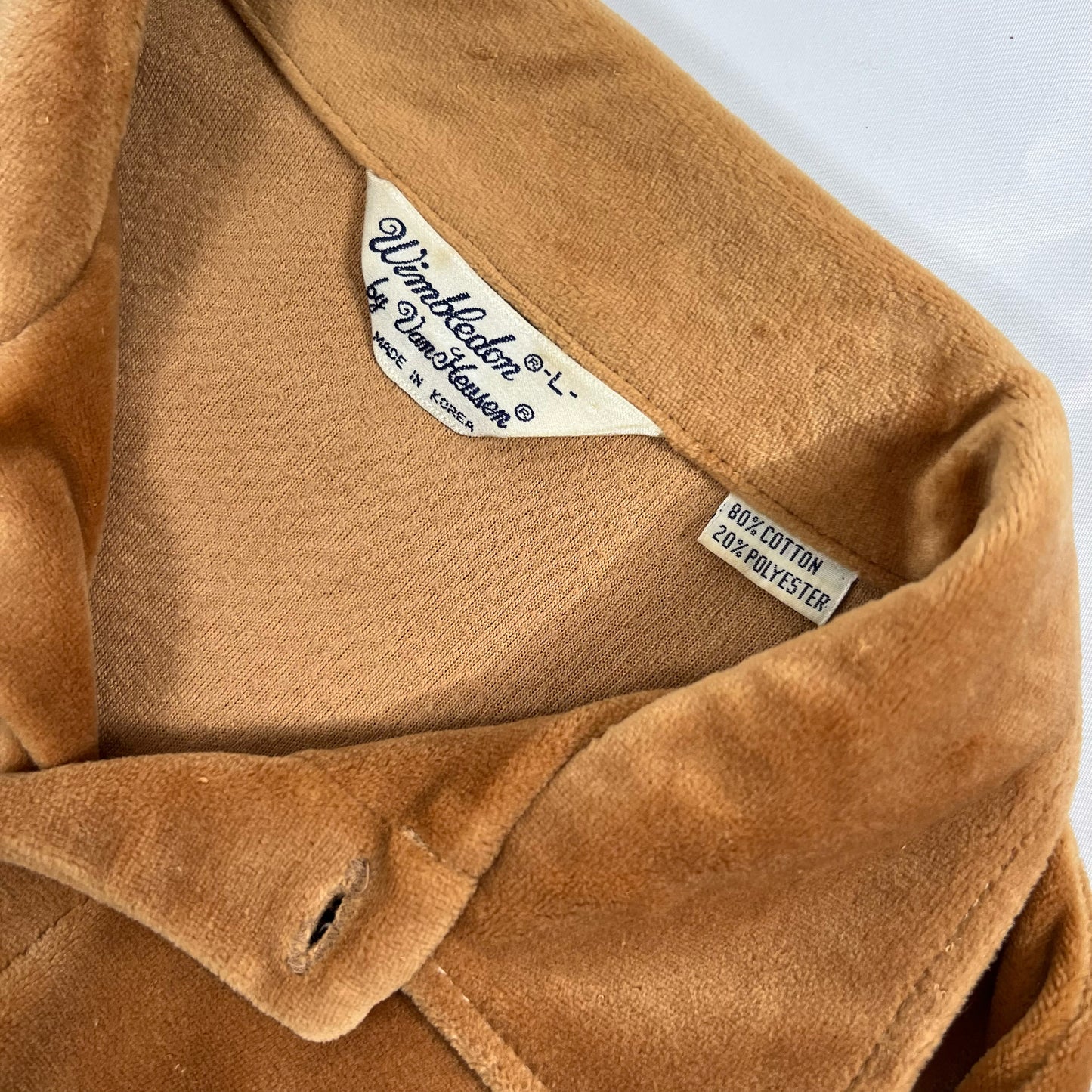 70s Caramel Tan Velour Long Sleeve Polo- L