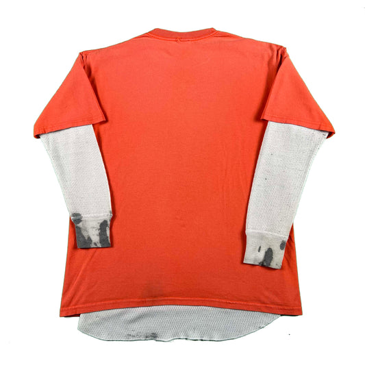 00s Sun Faded Orange Radioactive Tee + 80s Waffle Knit Thermal- L