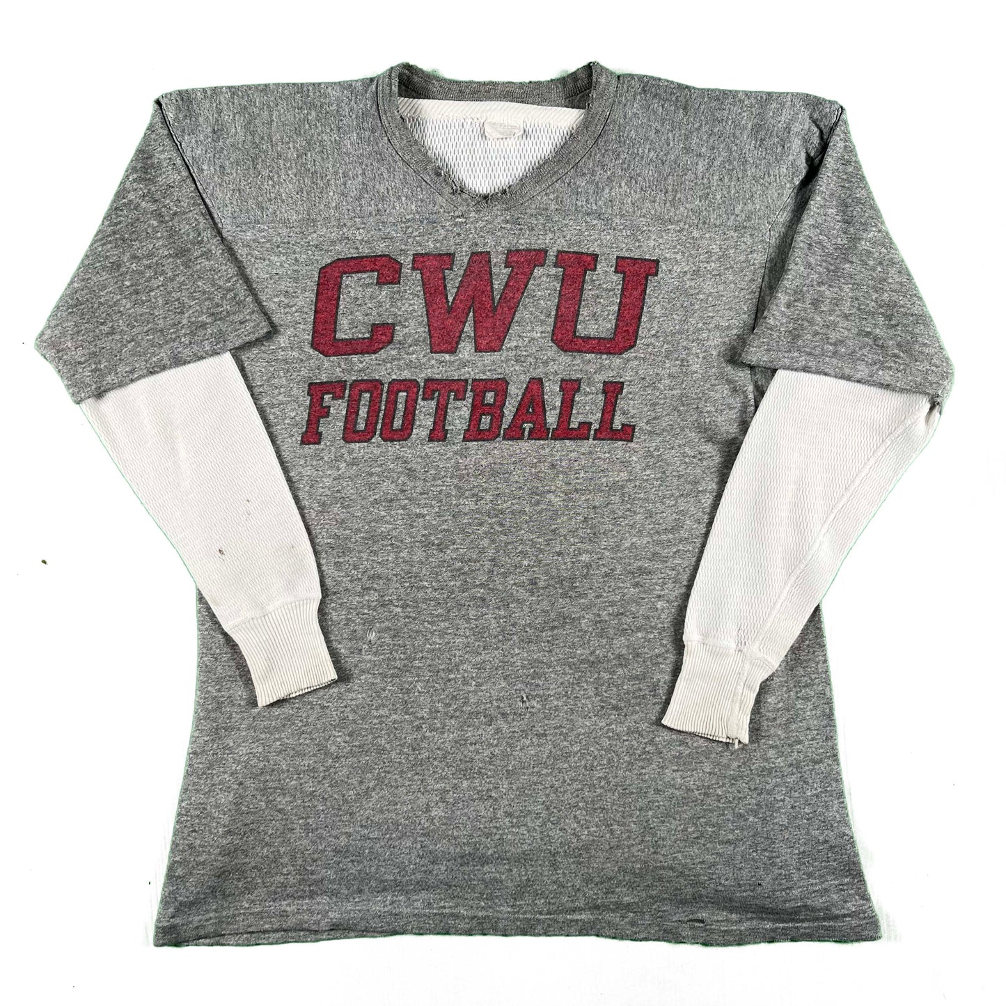 80s Thrashed Champion Football Tee & 70s Waffle Knit Thermal- L