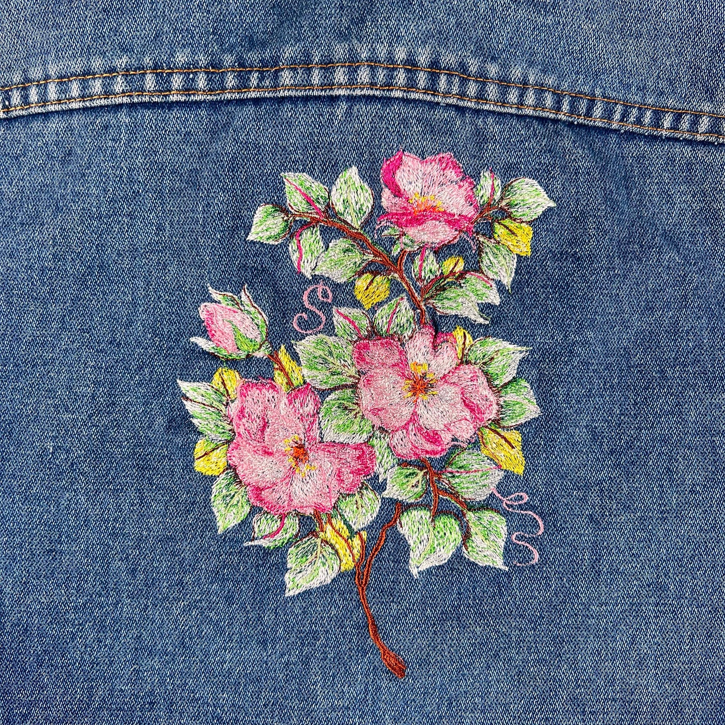 80s Key Floral Embroidered Denim Trucker Jacket- L