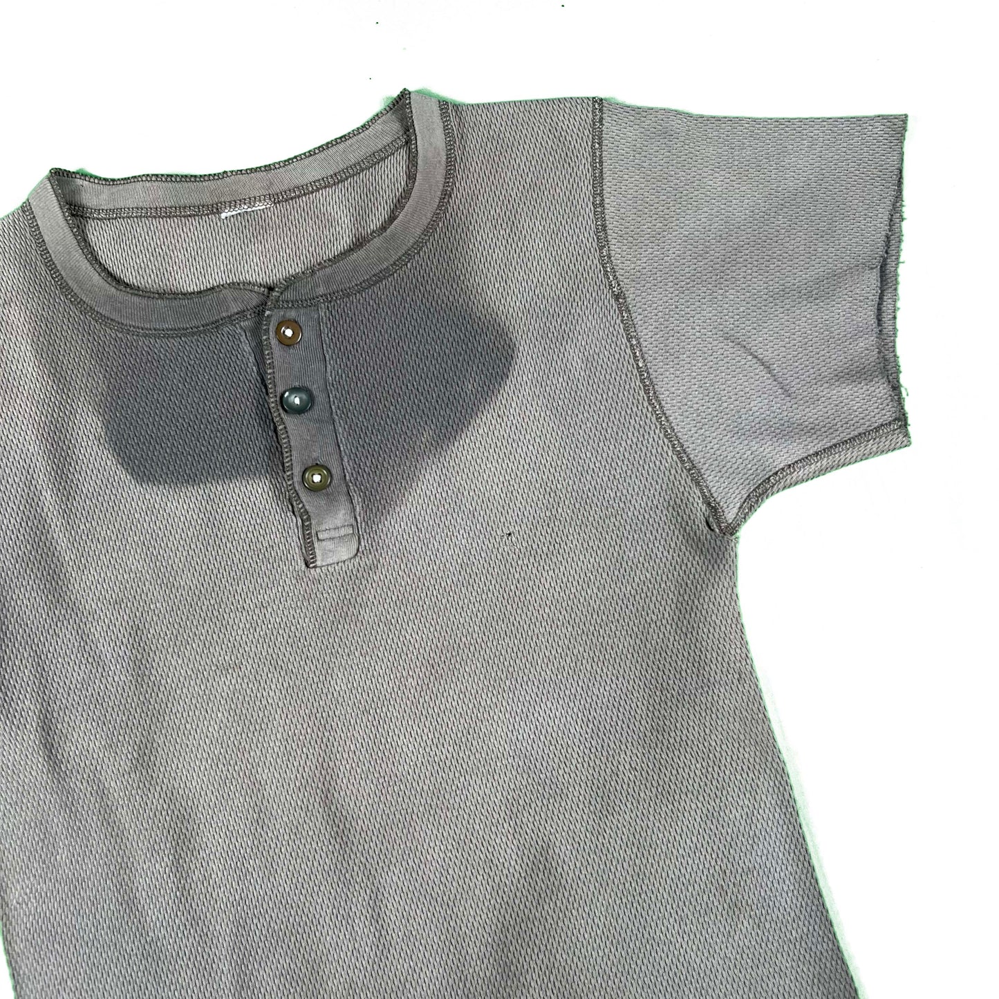 80s Sun Faded Grey/Green s/s Waffle Knit Henley Thermal- M