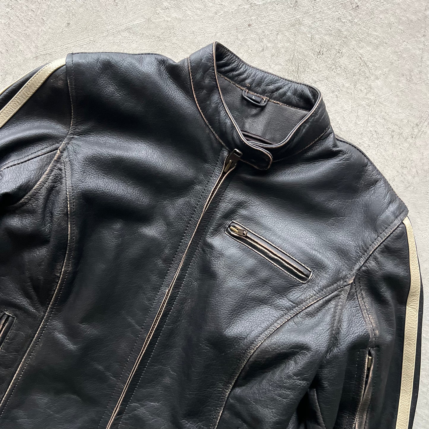 00s Black Leather Striped Sleeve Cafe Racer Biker Jacket- L