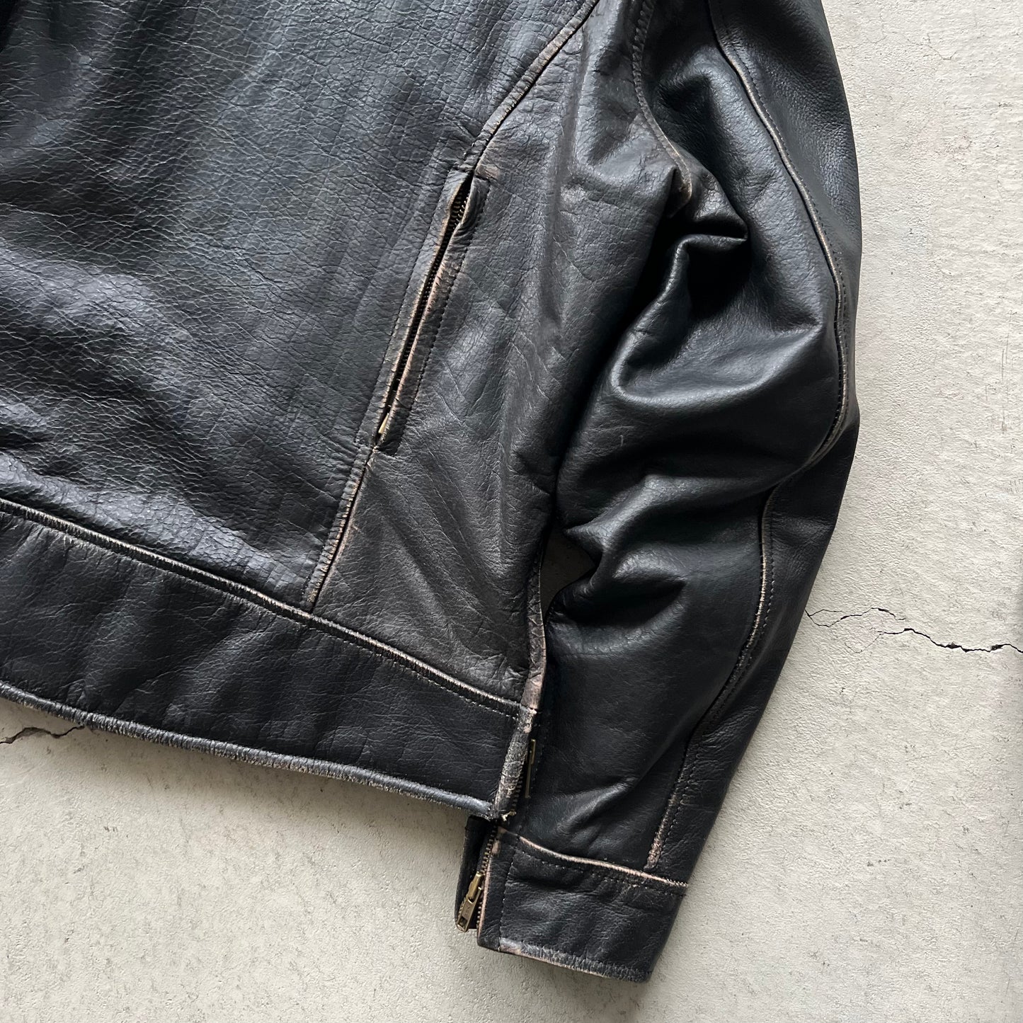 00s Black Leather Striped Sleeve Cafe Racer Biker Jacket- L