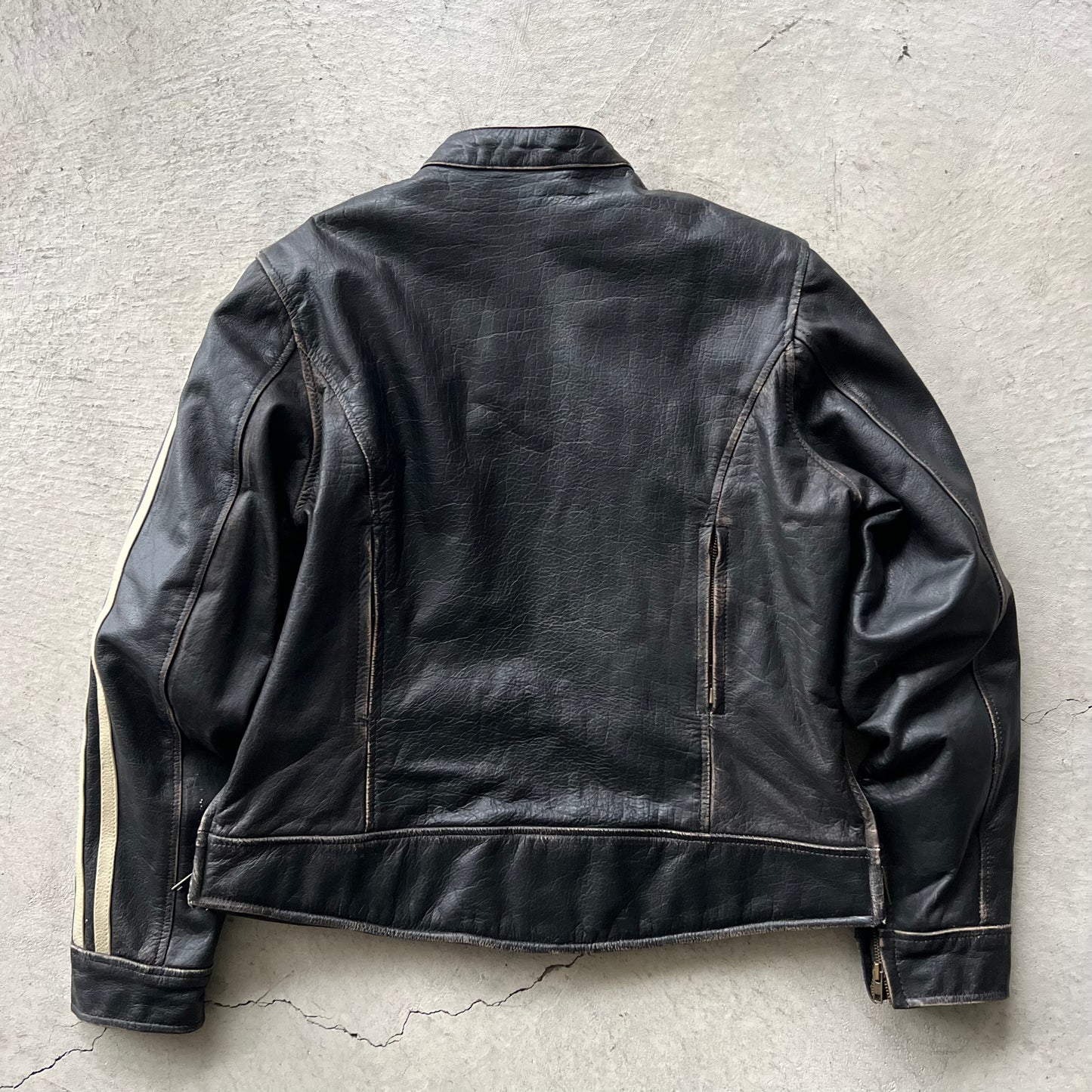 00s Black Leather Striped Sleeve Cafe Racer Biker Jacket- L