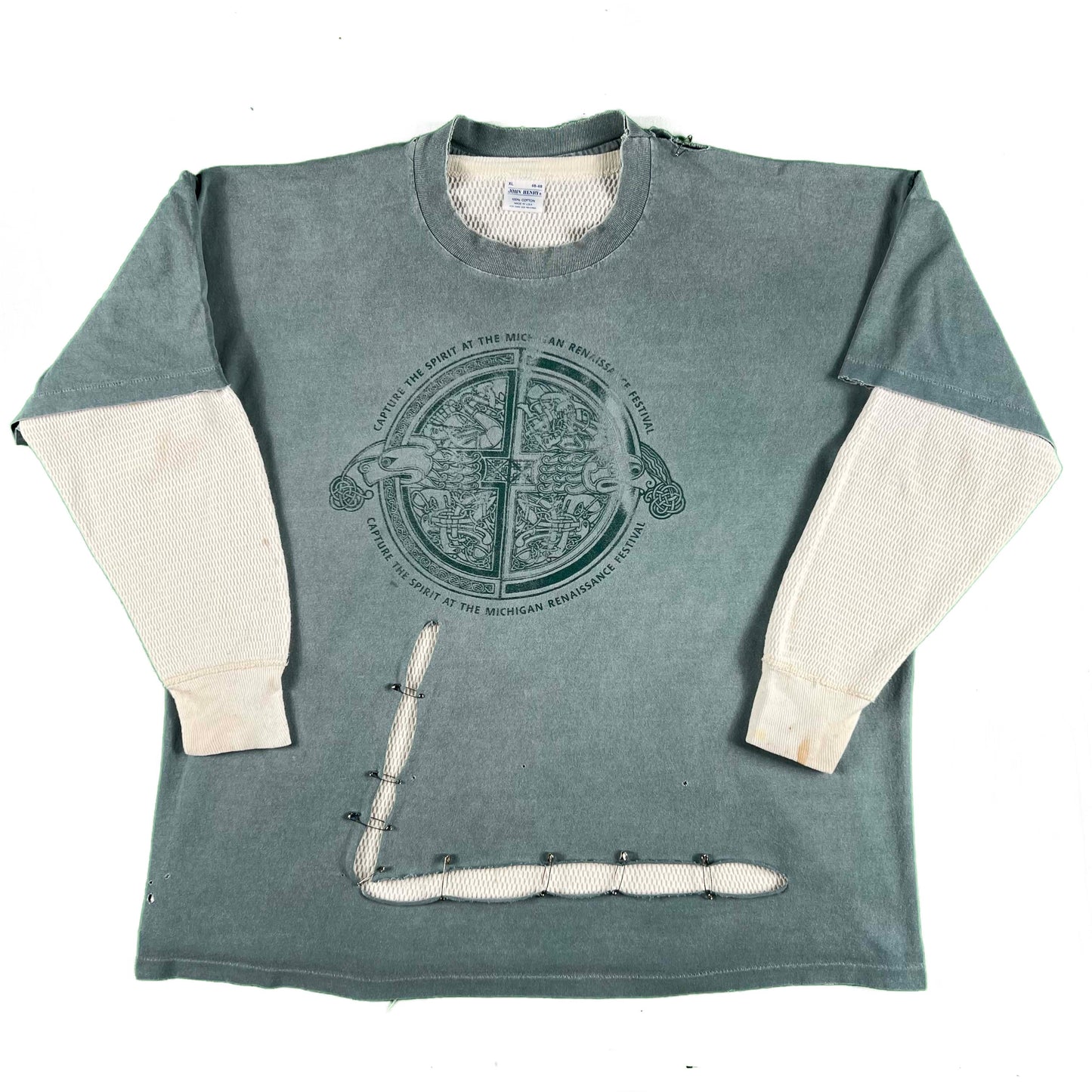 90s Safety Pinned Michigan Renaissance Tee + 80s Waffle Knit Thermal- XL