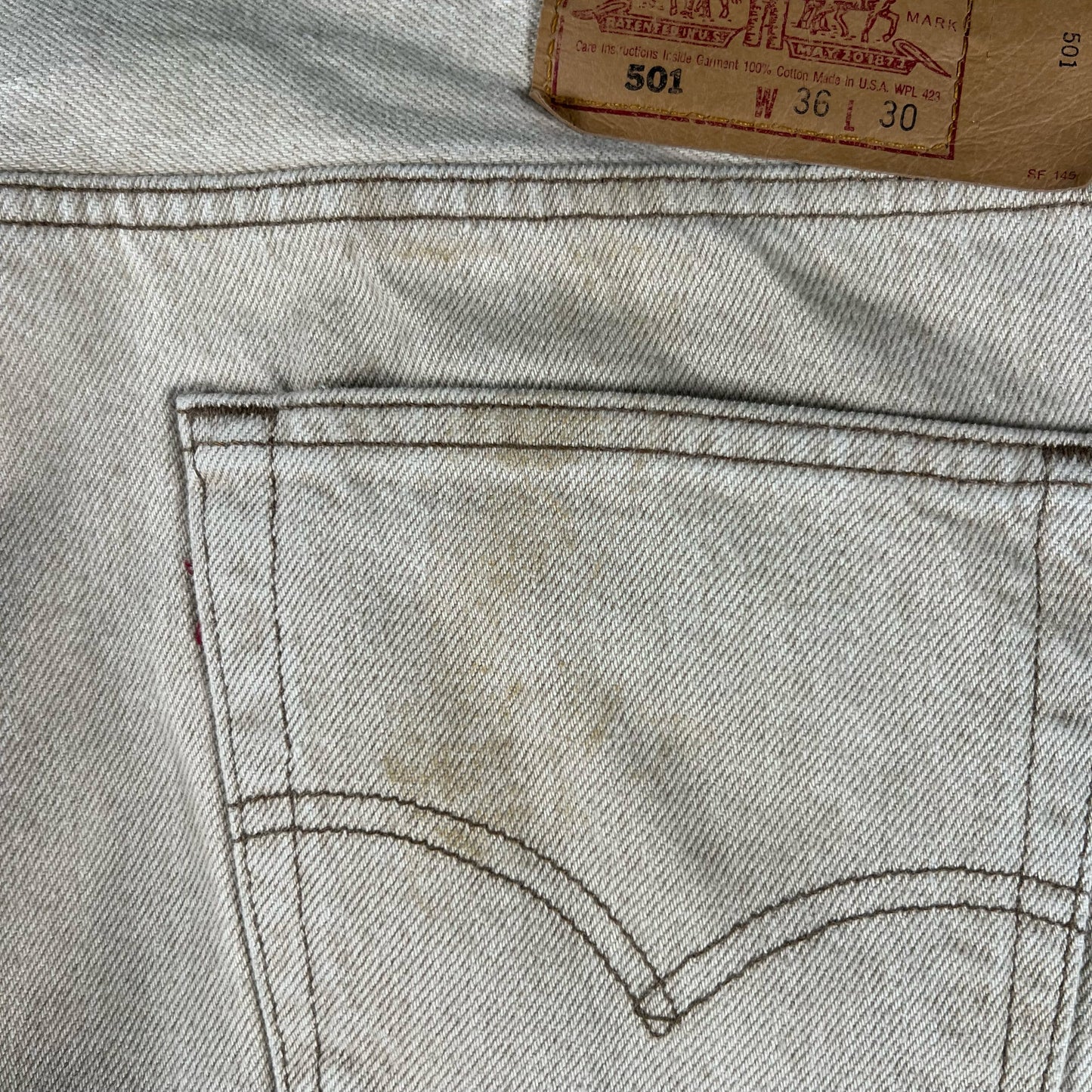 90s Levi's 501 Sun Faded Taupe Tan Denim- 34x29.5