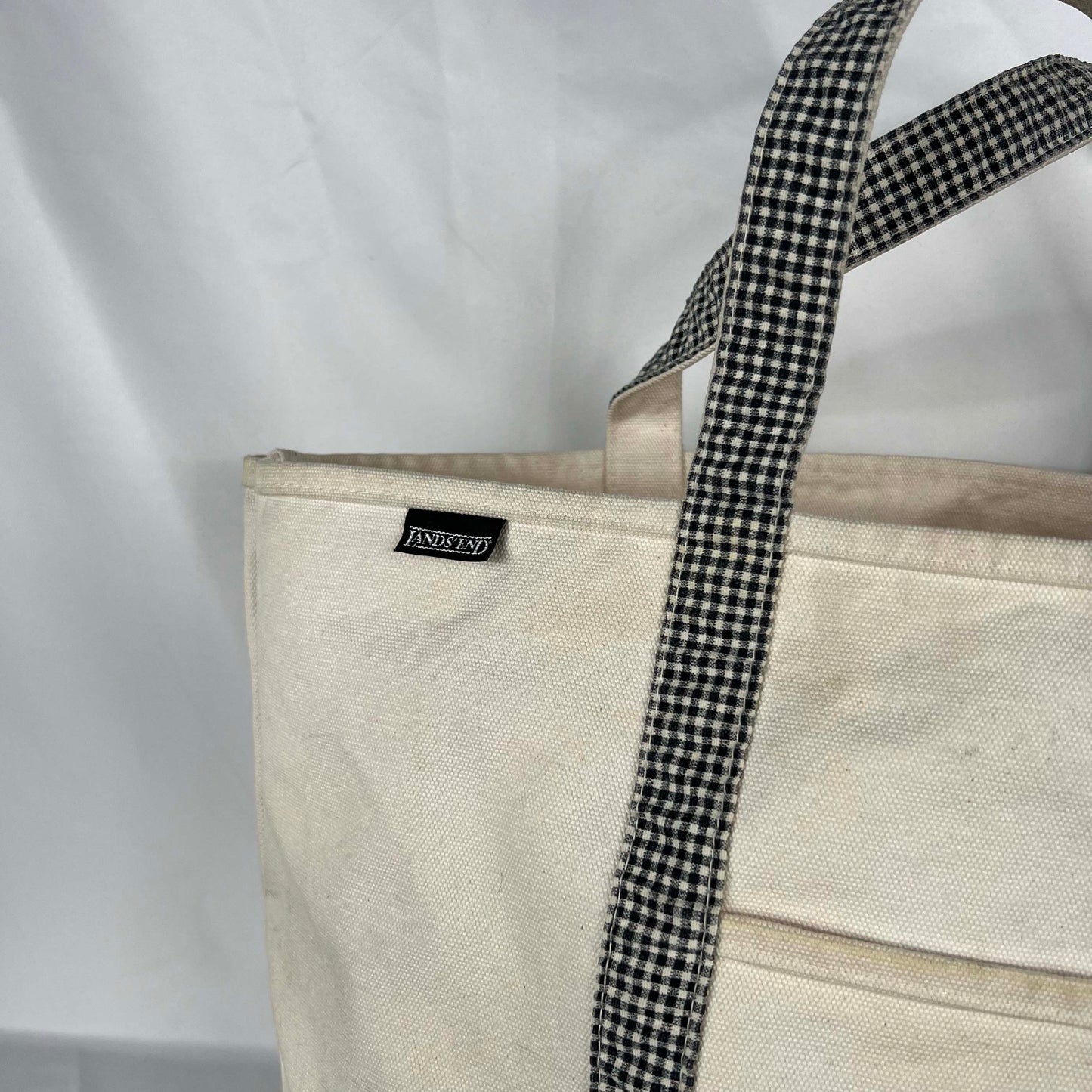 90s Lands End Gingham Plaid Canvas Tote Bag- Large