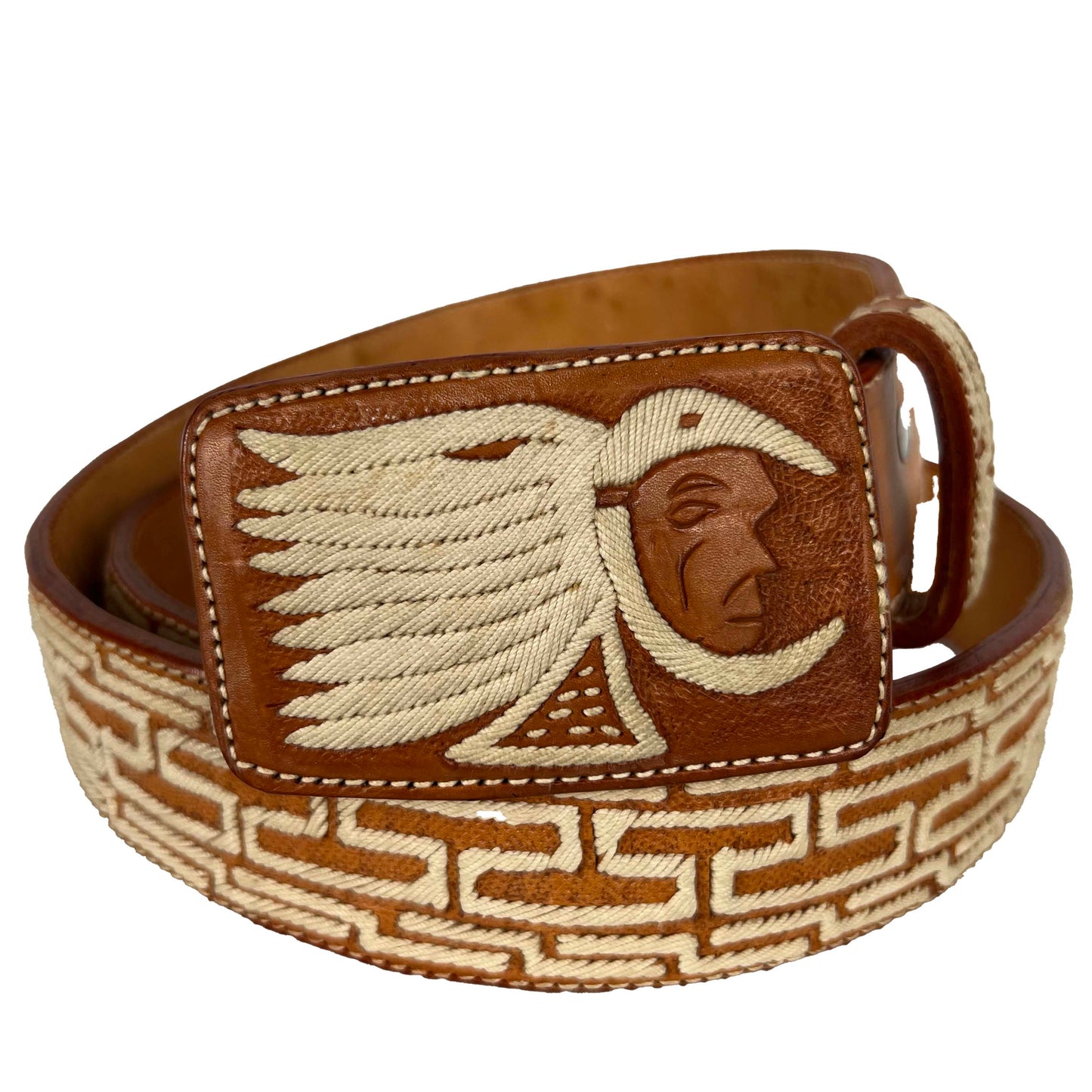 70s Cream and Tan Native Embroidered Belt- 36"-40"