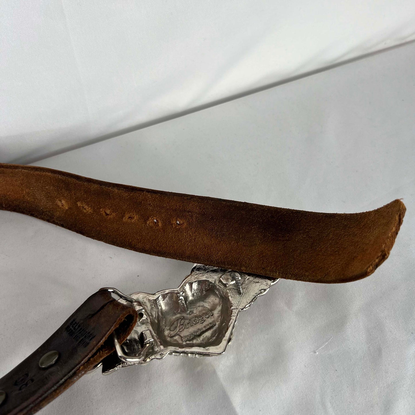 80s Floral Brown Leather Belt with Y2K Heart Buckle- 24"-26"