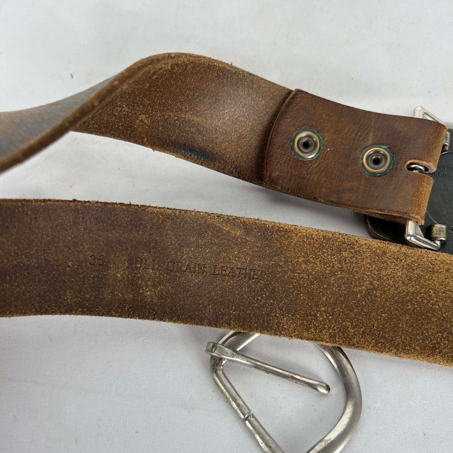 70s Papermaker Buckle Brown Patina Leather Belt- 32"-36"