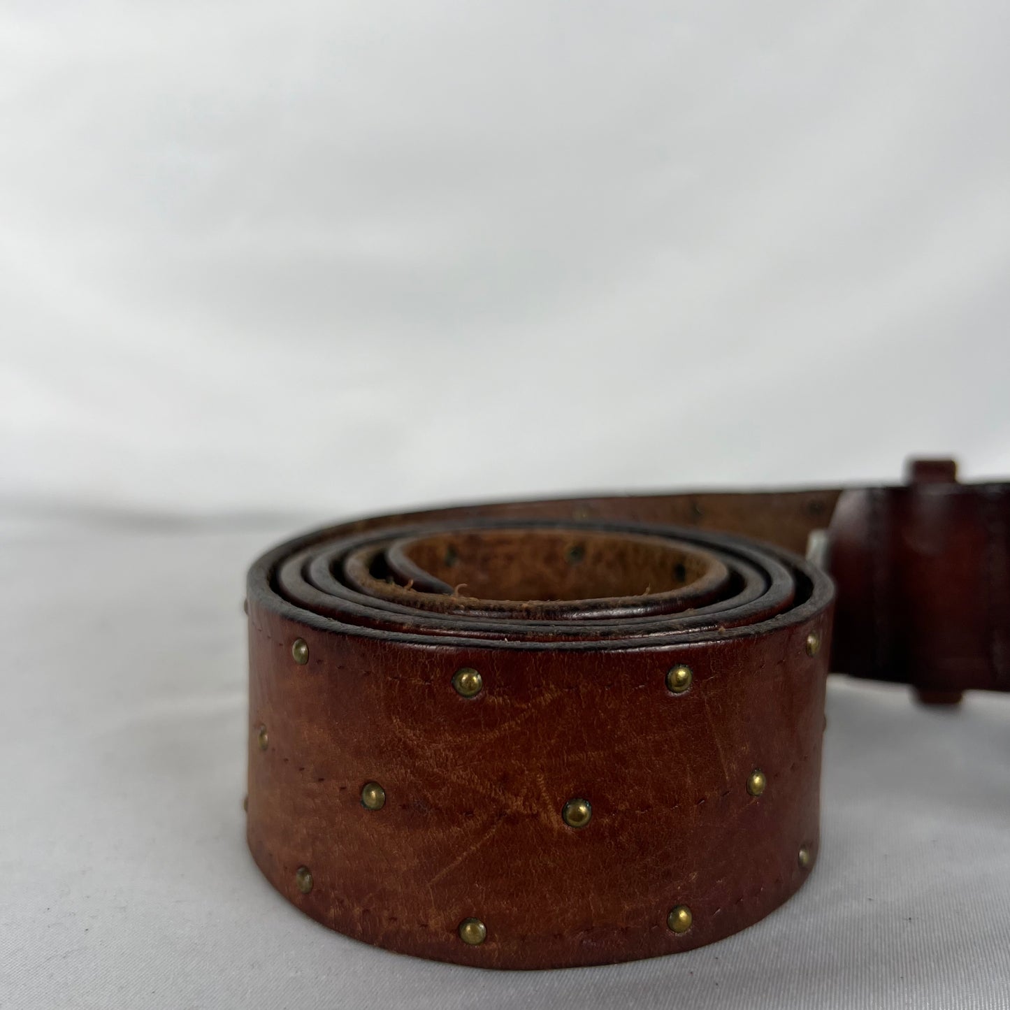 00s Gold Beaded Brown Leather Belt- 30"-34"