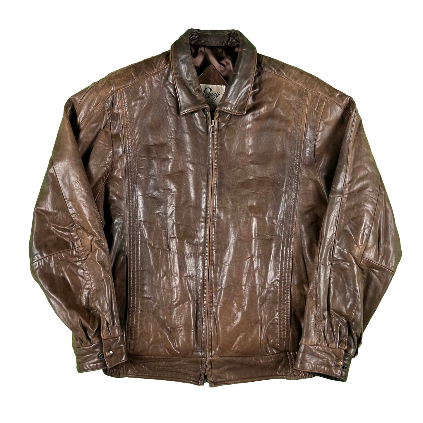 90s Boxy Brown Leather Bomber Jacket- M