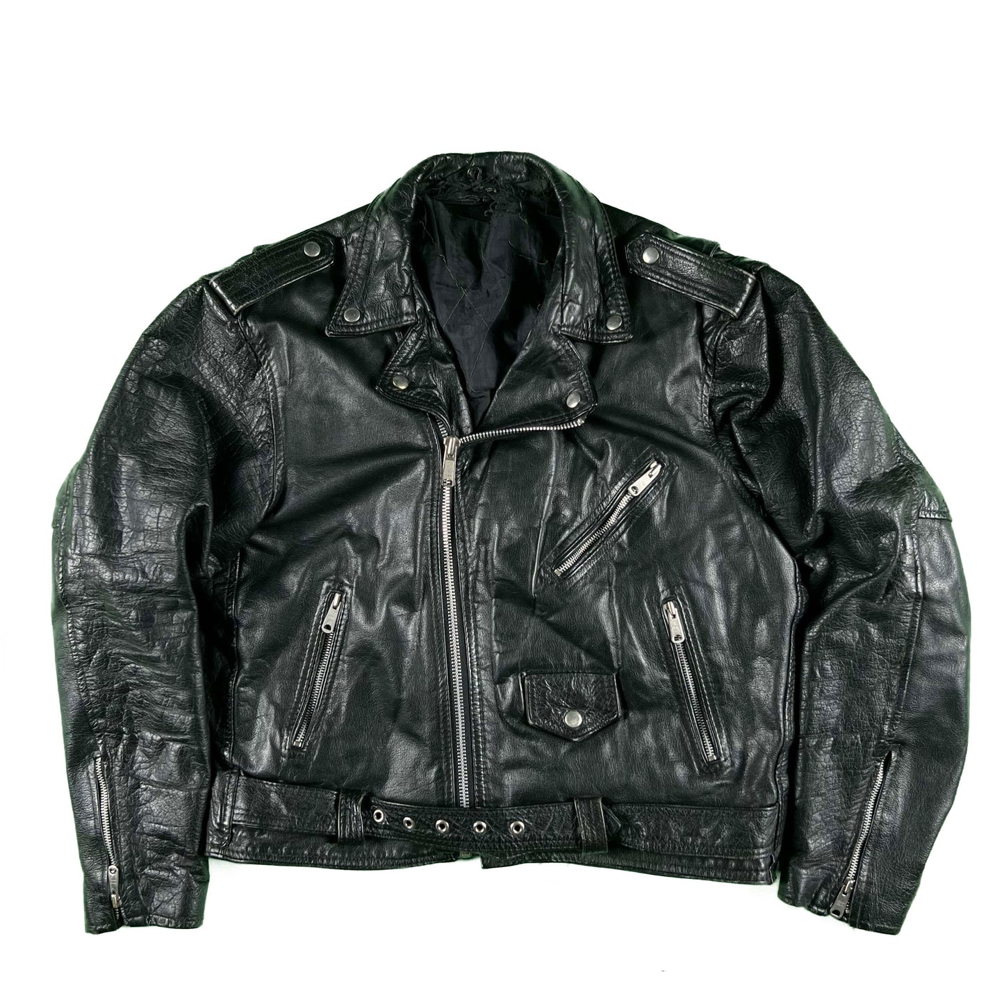 80s Black Leather Biker Jacket- M