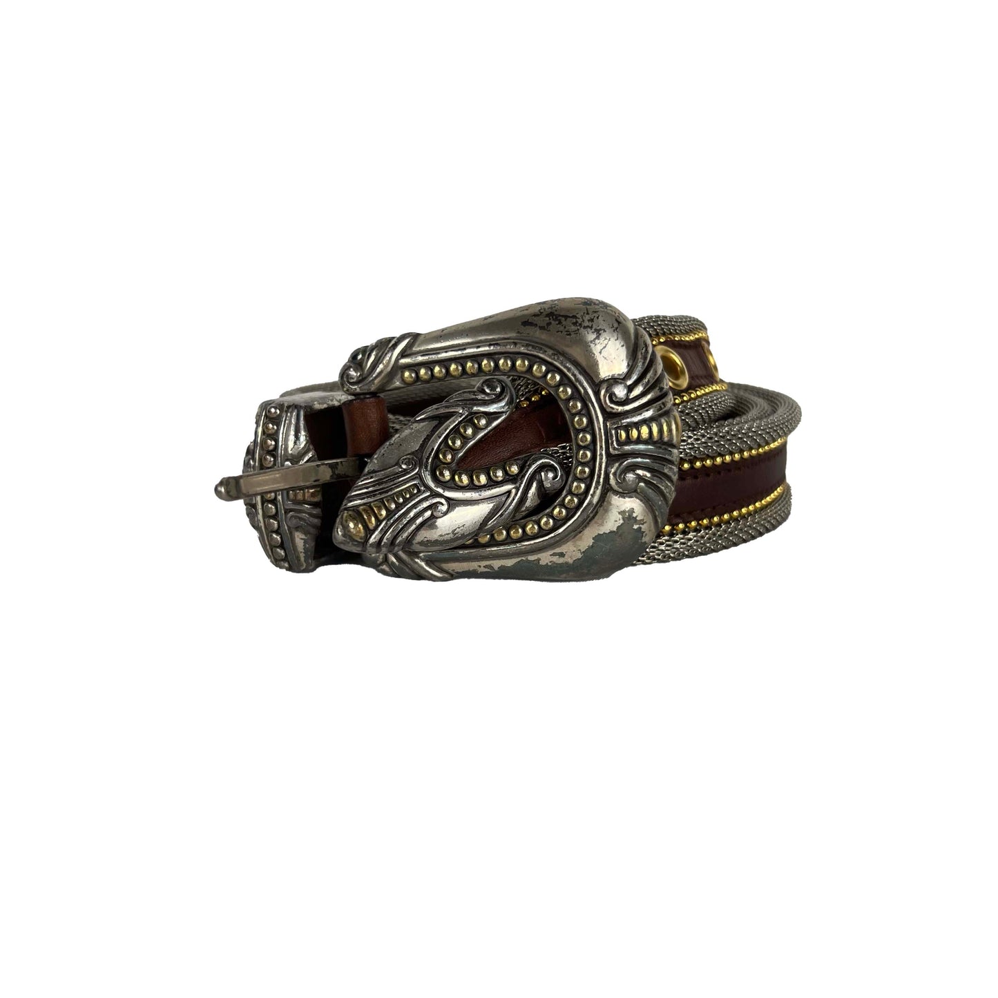 90s 3 Piece Metal Chainmail x Leather Belt- 32"-34"