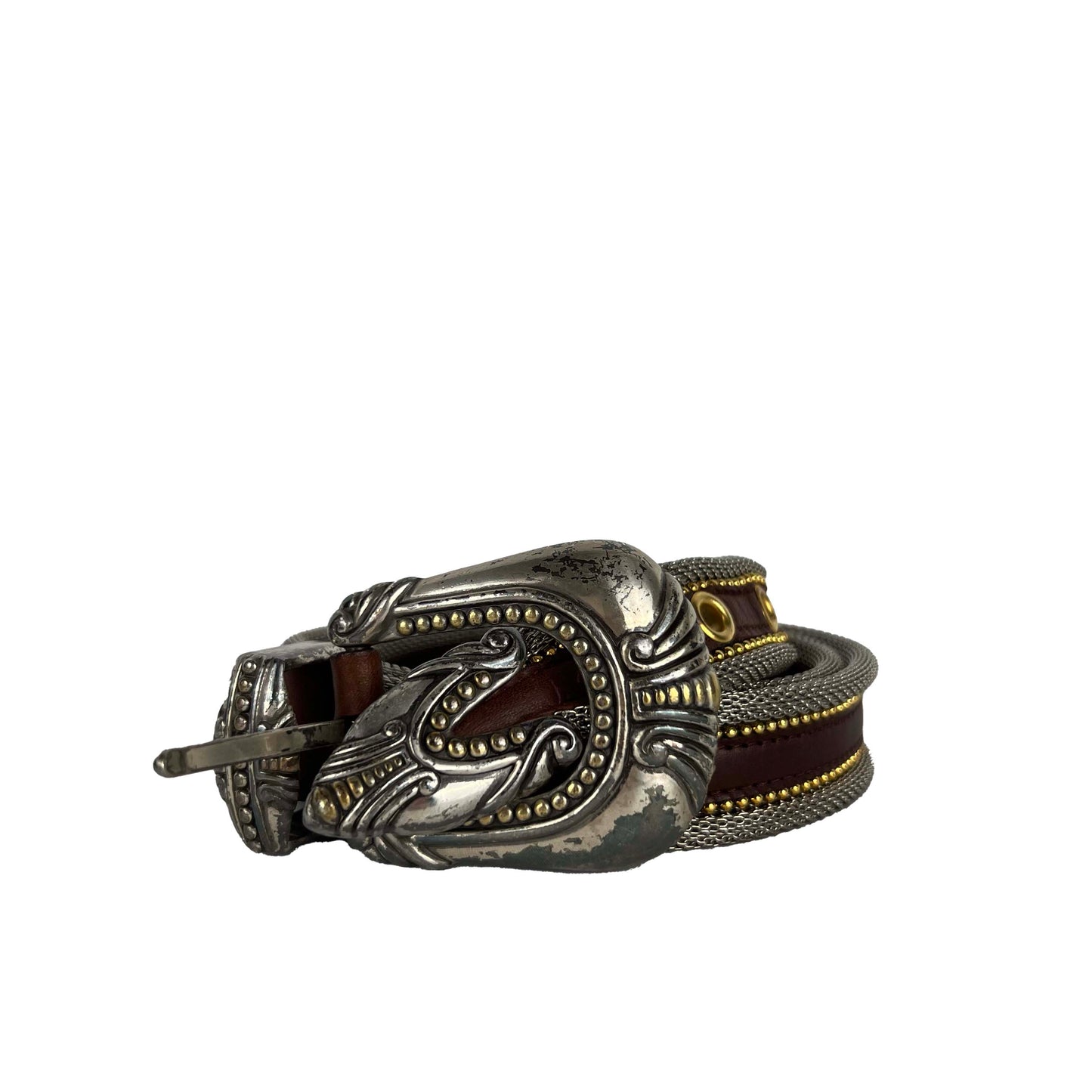 90s 3 Piece Metal Chainmail x Leather Belt- 32"-34"