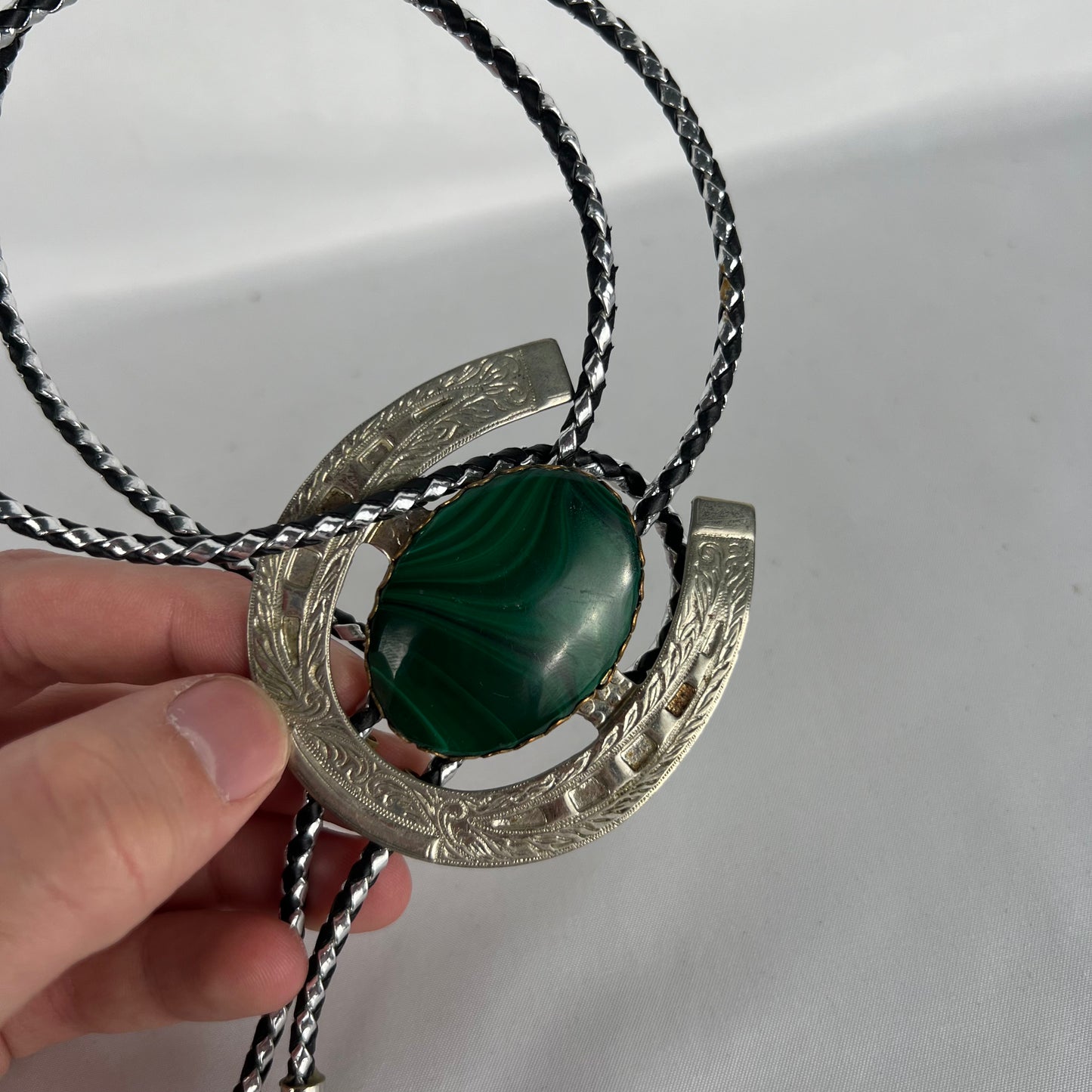 60s Silver and Swirled Emerald Bolo Tie