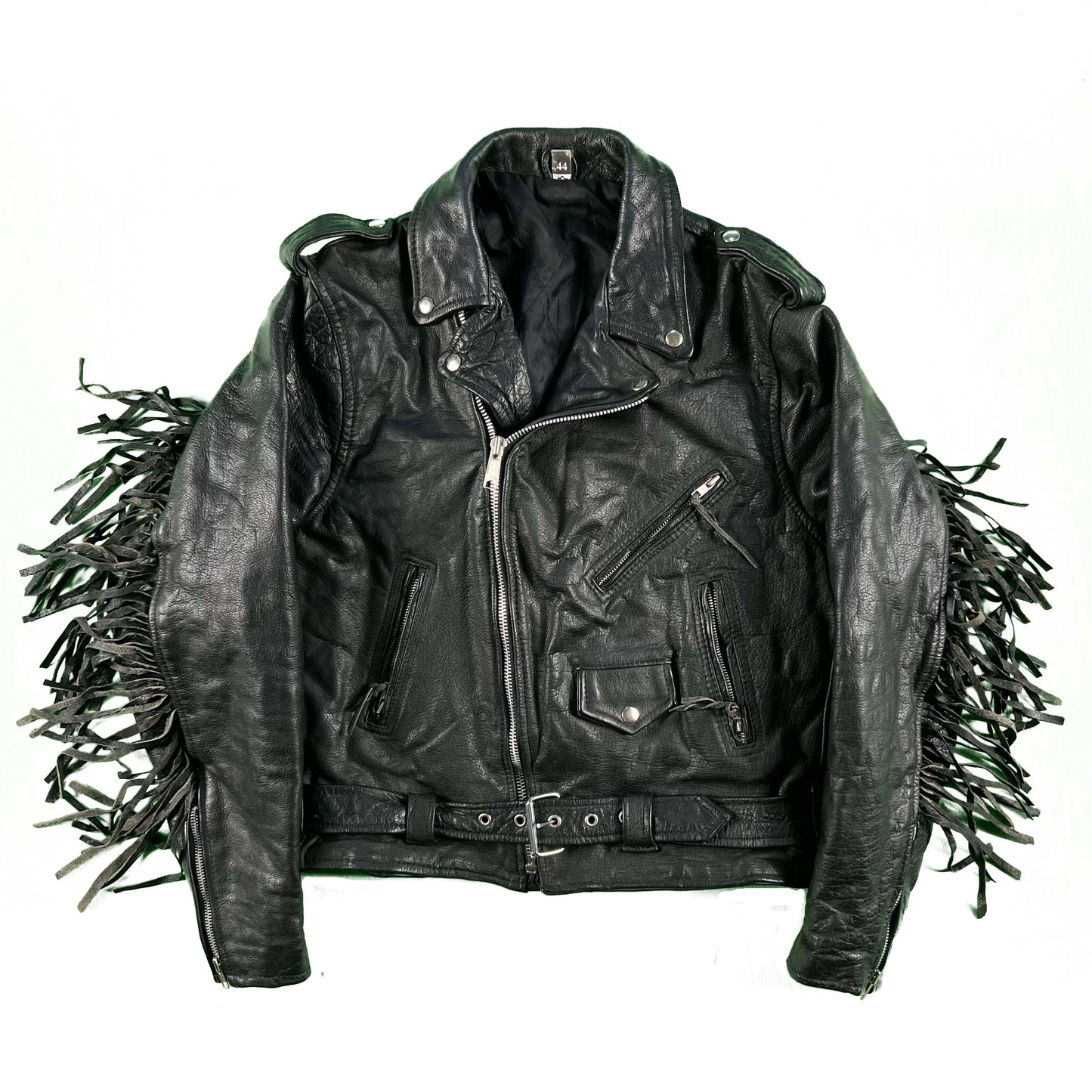 90s Fringe Black Leather Moto Jacket- L