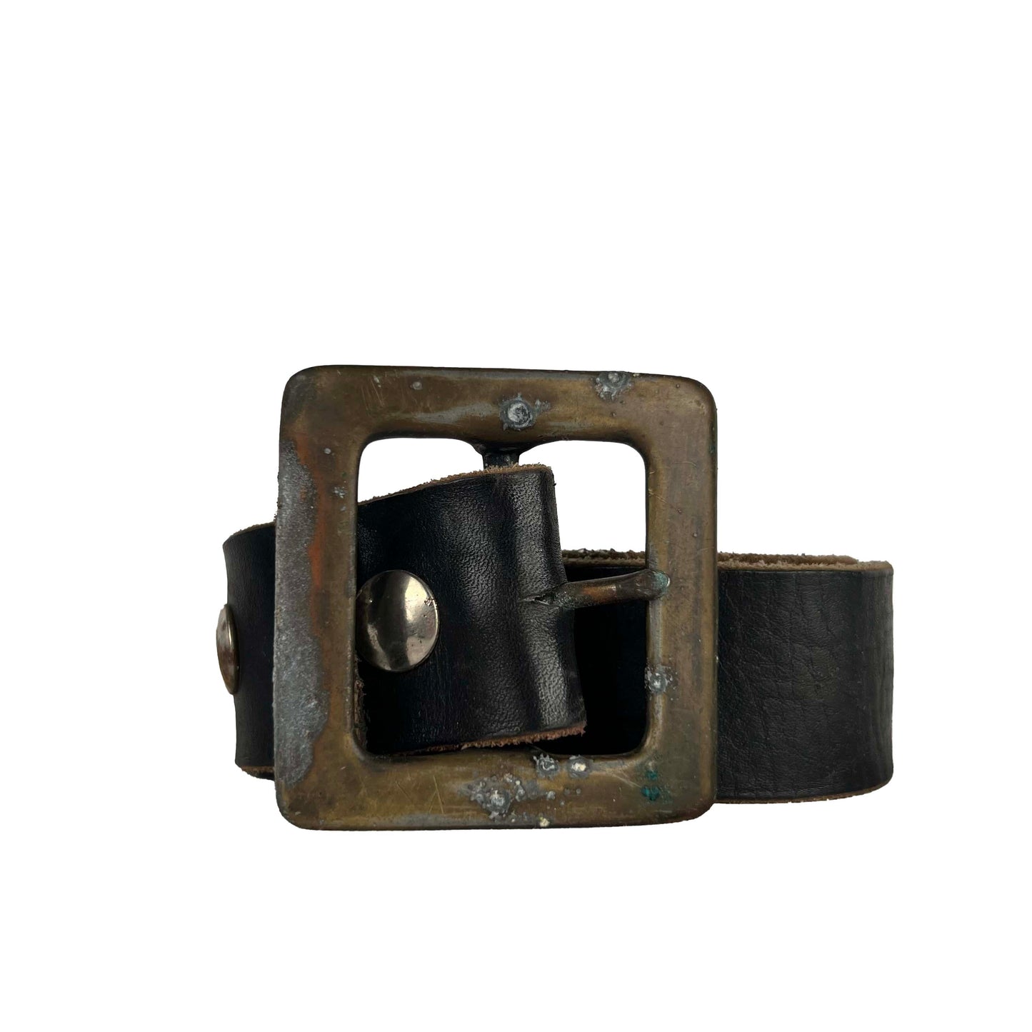 50s Worn Square Buckle Black Leather Belt- 32"-36"