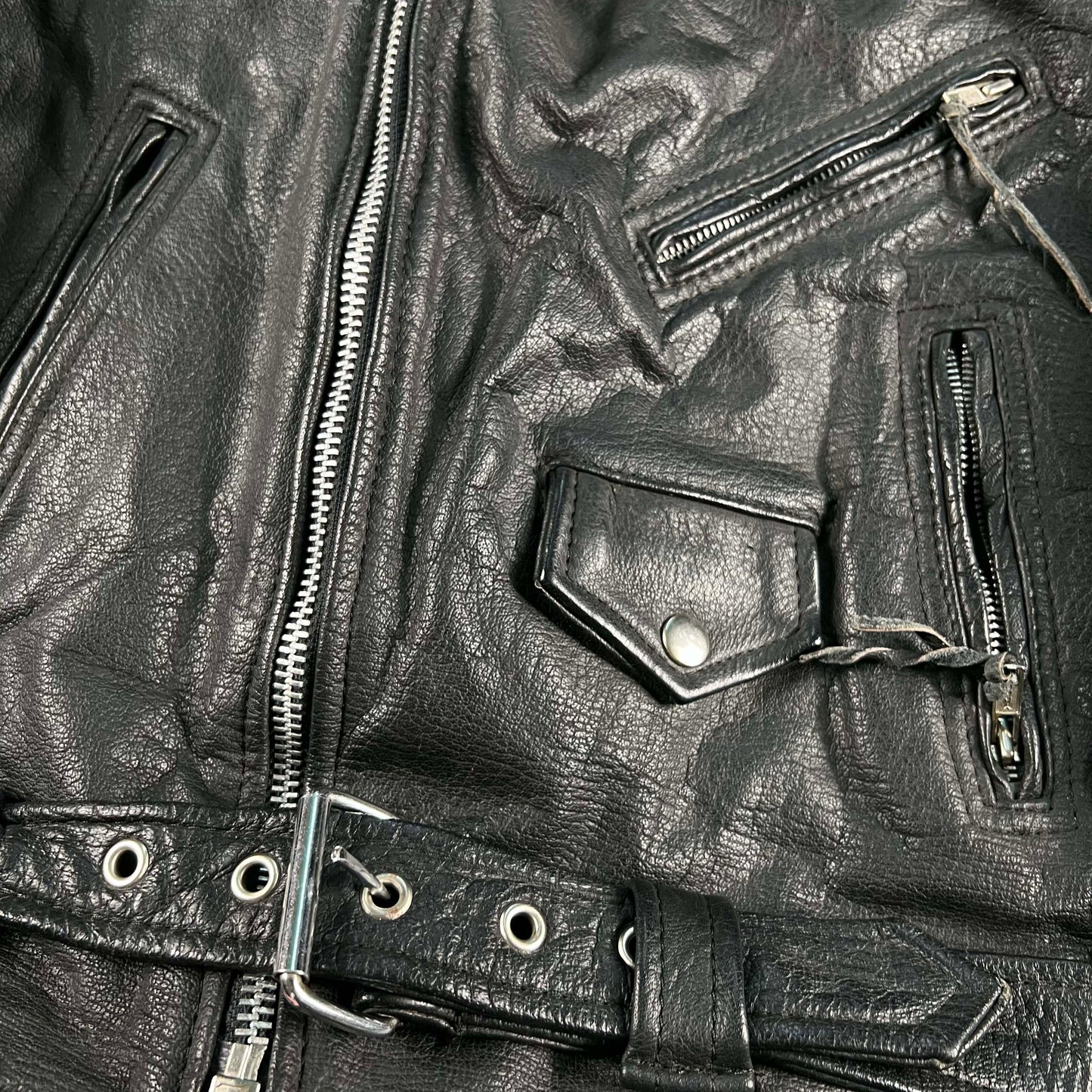 90s Fringe Black Leather Moto Jacket- L