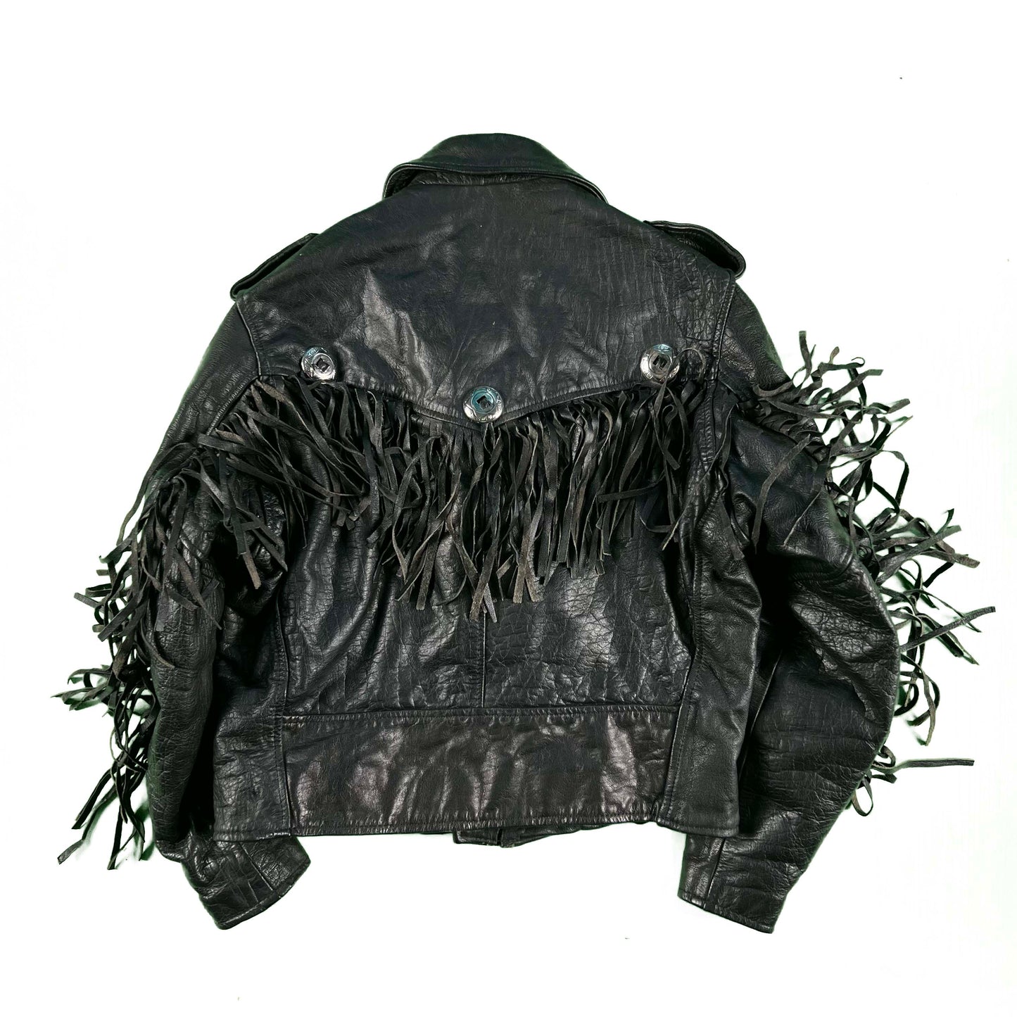 90s Fringe Black Leather Moto Jacket- L
