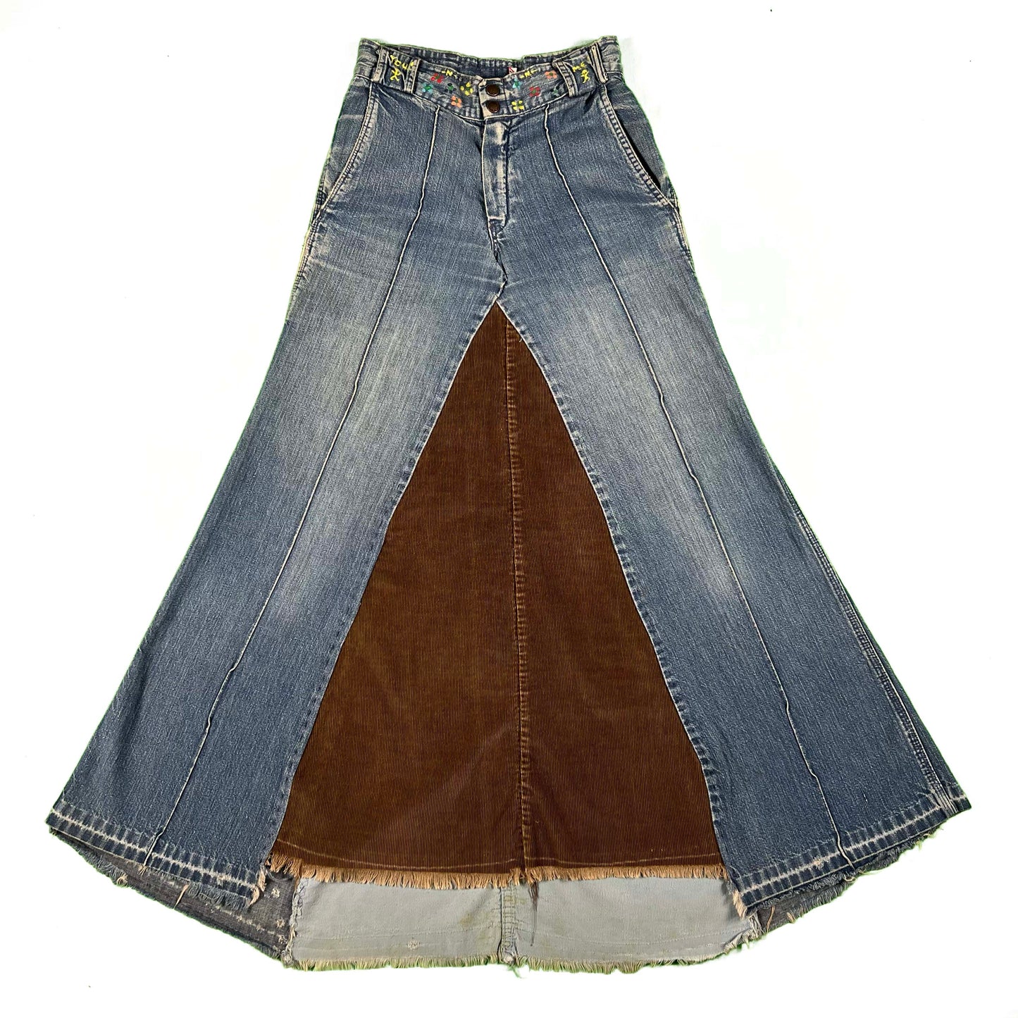70s Hippie Style Corduroy & Denim Skirt- 26"