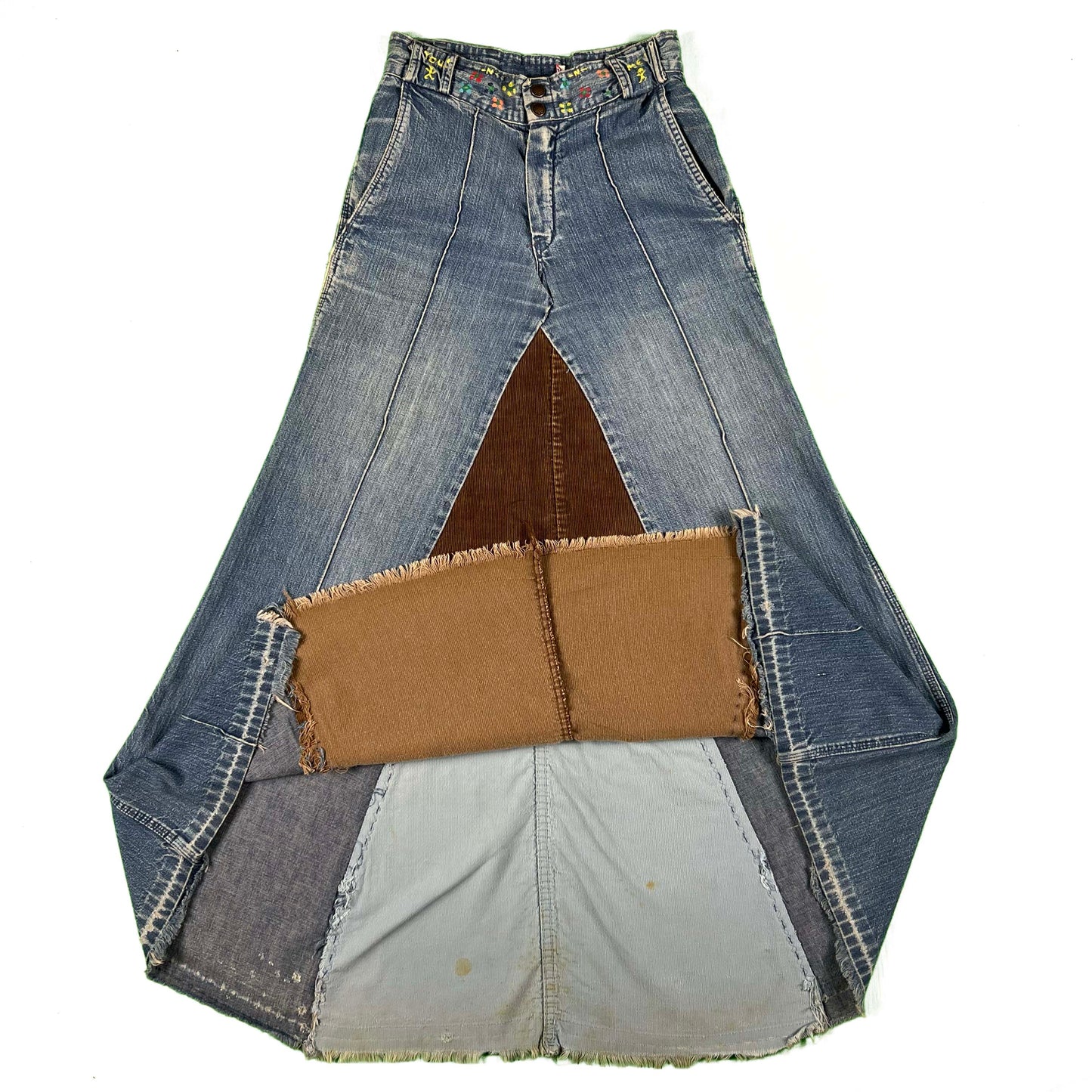 70s Hippie Style Corduroy & Denim Skirt- 26"
