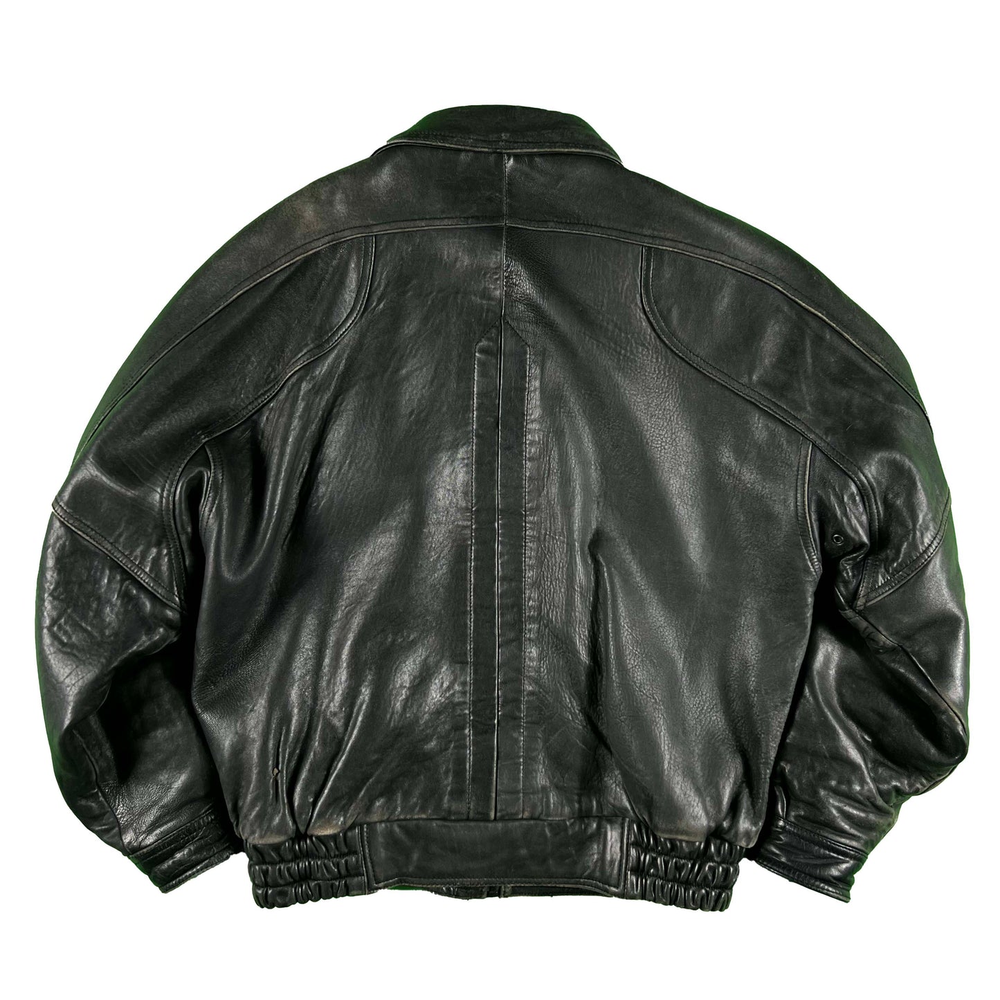 00s Patina Black Leather Bomber Jacket- L
