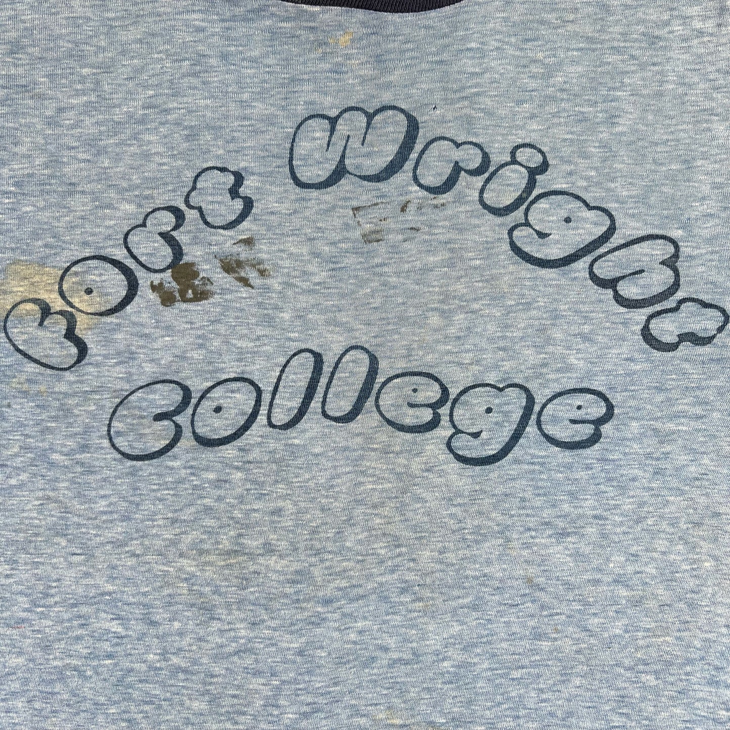 70s Bubble Letter Champion Blue Bar Ringer Tee- M