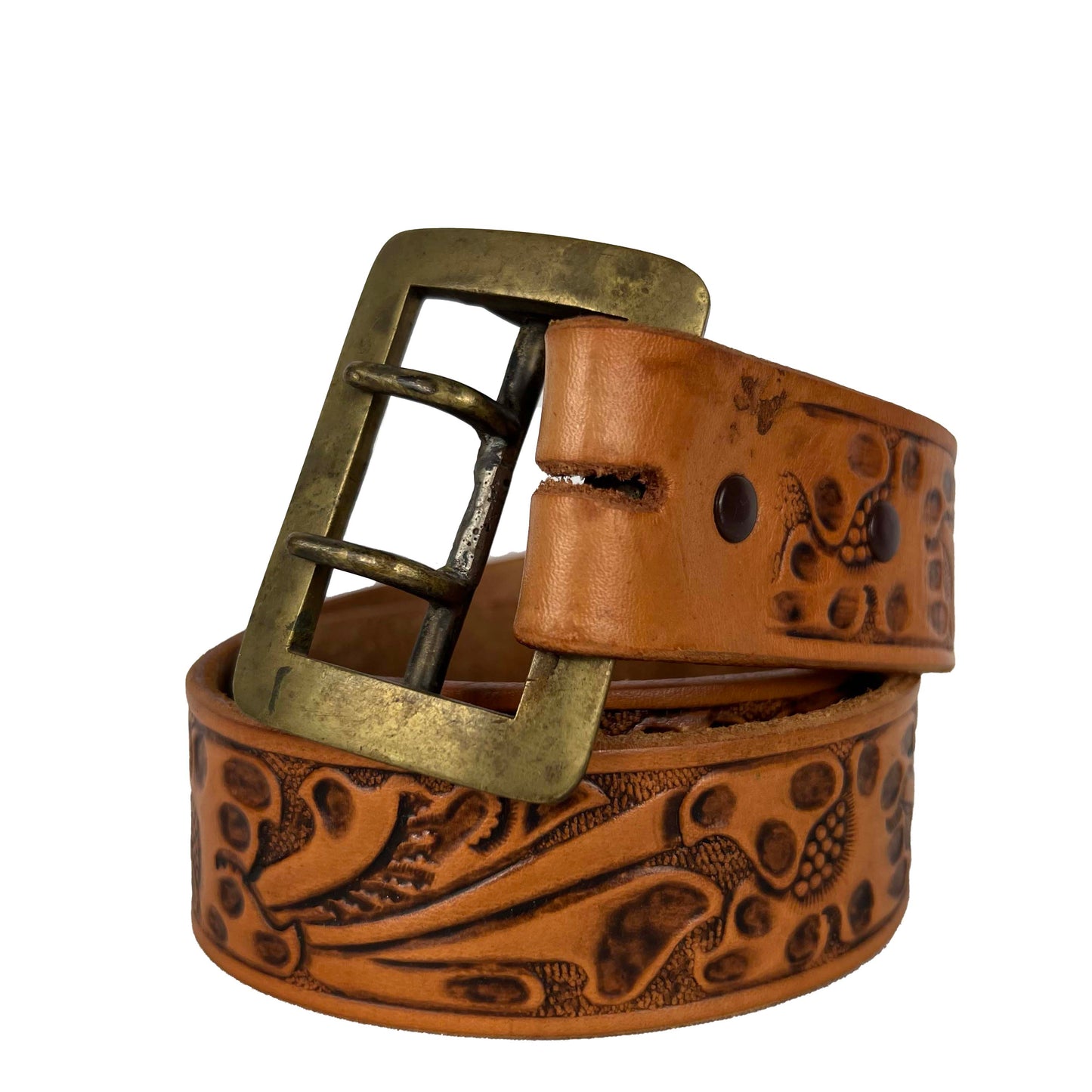 80s Brass Buckle Detailed Mushroom Leather Belt- 30"-32"
