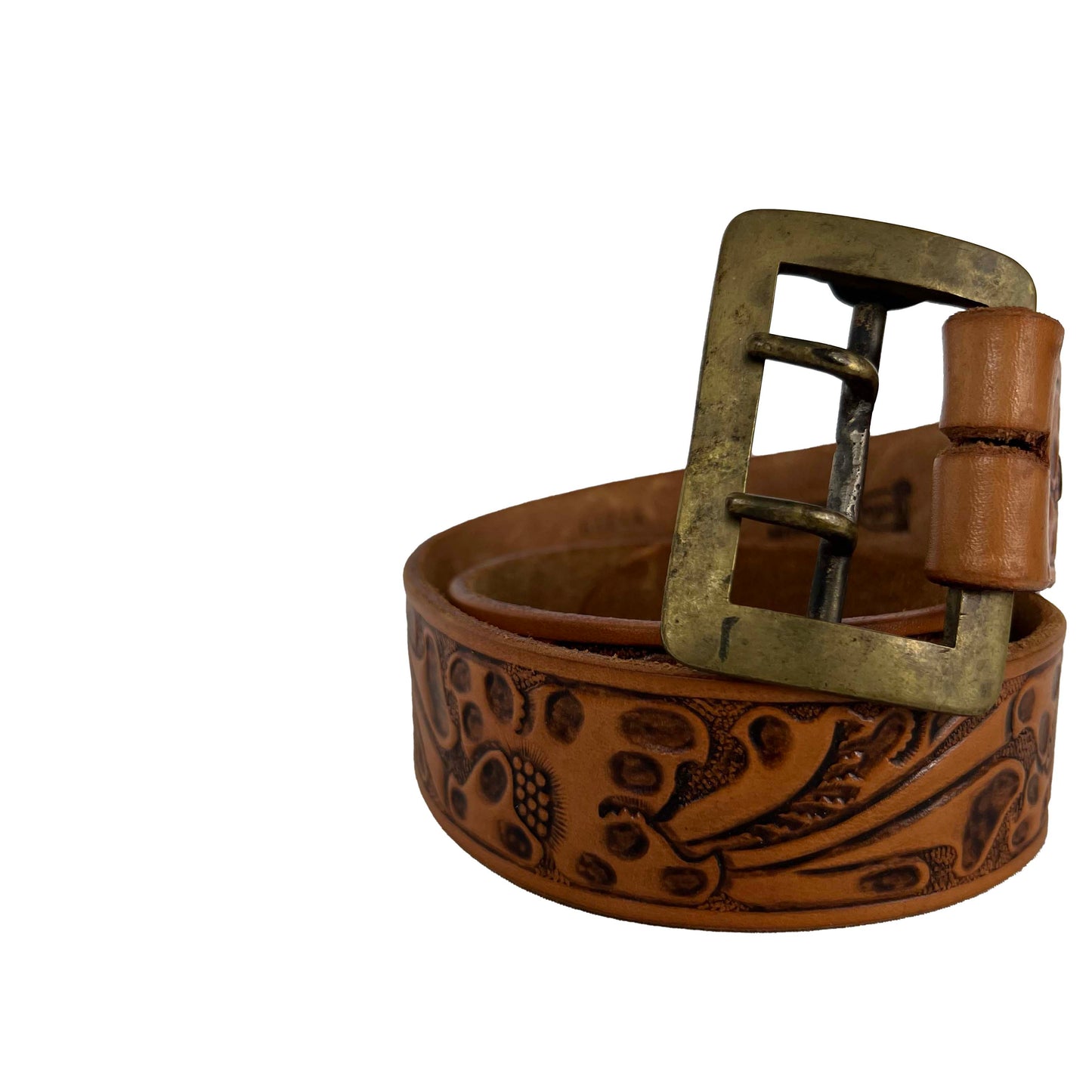 80s Brass Buckle Detailed Mushroom Leather Belt- 30"-32"
