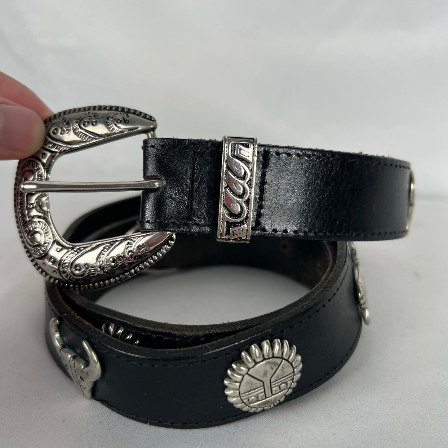 90s Native/Western Studded Black Leather Belt- 30"-34"