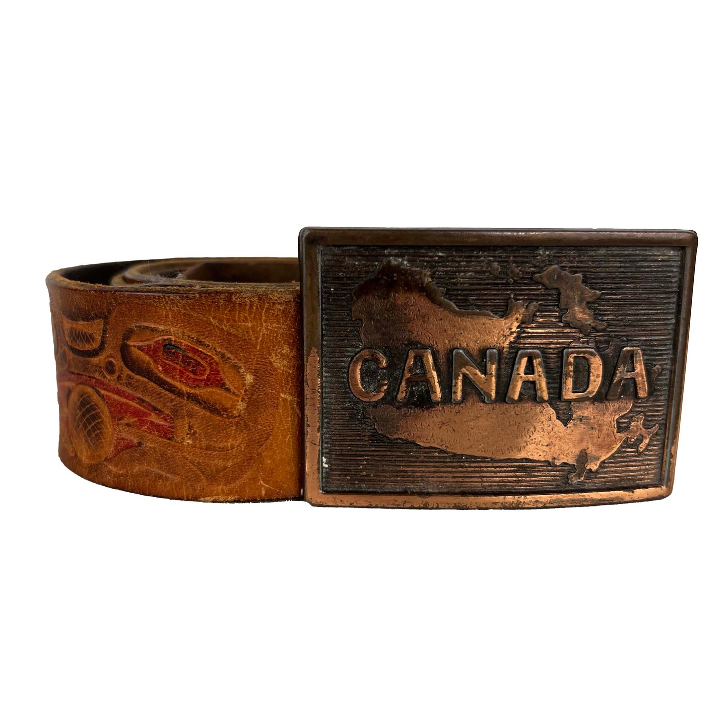 70s Canada Buckle Native Detailed Leather Belt- 32"-36"