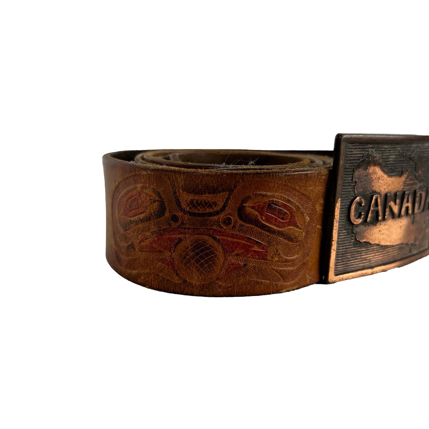 70s Canada Buckle Native Detailed Leather Belt- 32"-36"