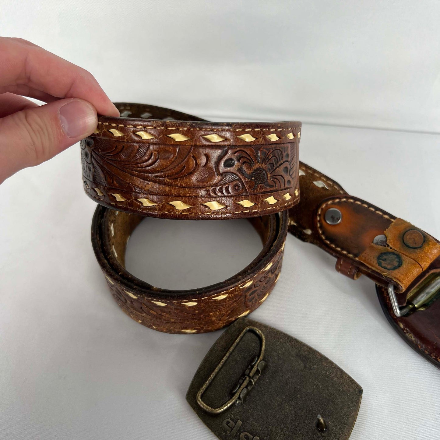 70s Leather Buckle(x2) Embellished Leather Belt- 34"-40"
