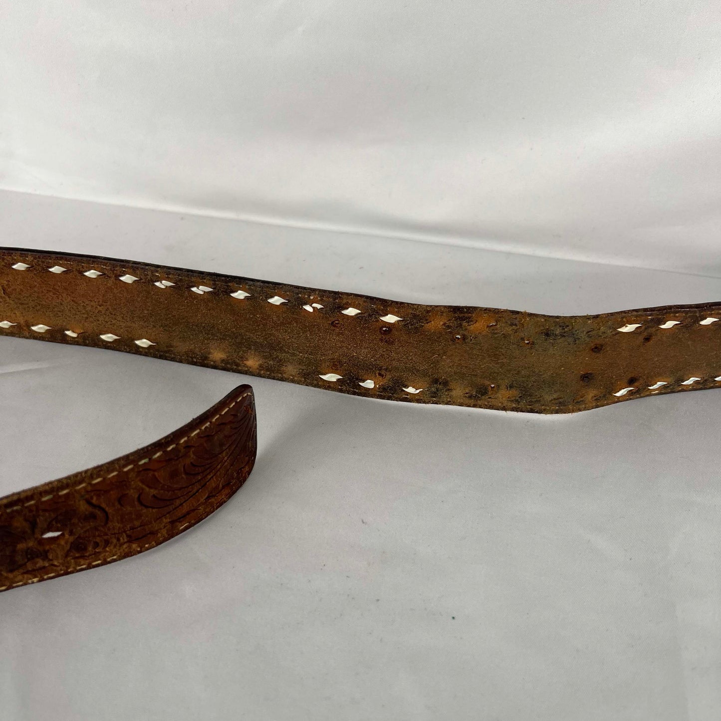 70s Leather Buckle(x2) Embellished Leather Belt- 34"-40"