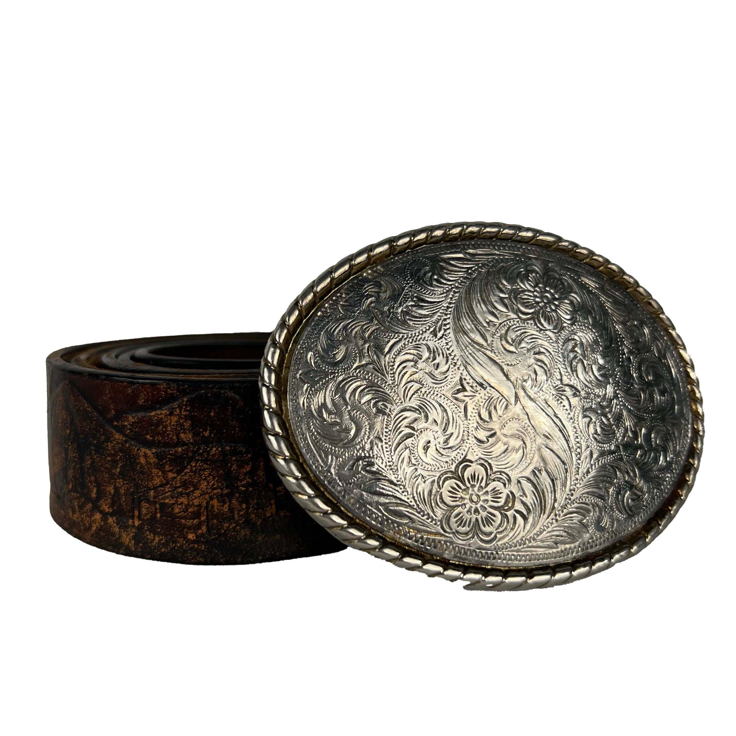 70s Silver Detailed Buckle Patina Brown Winter Scene Leather Belt- 33"-38"