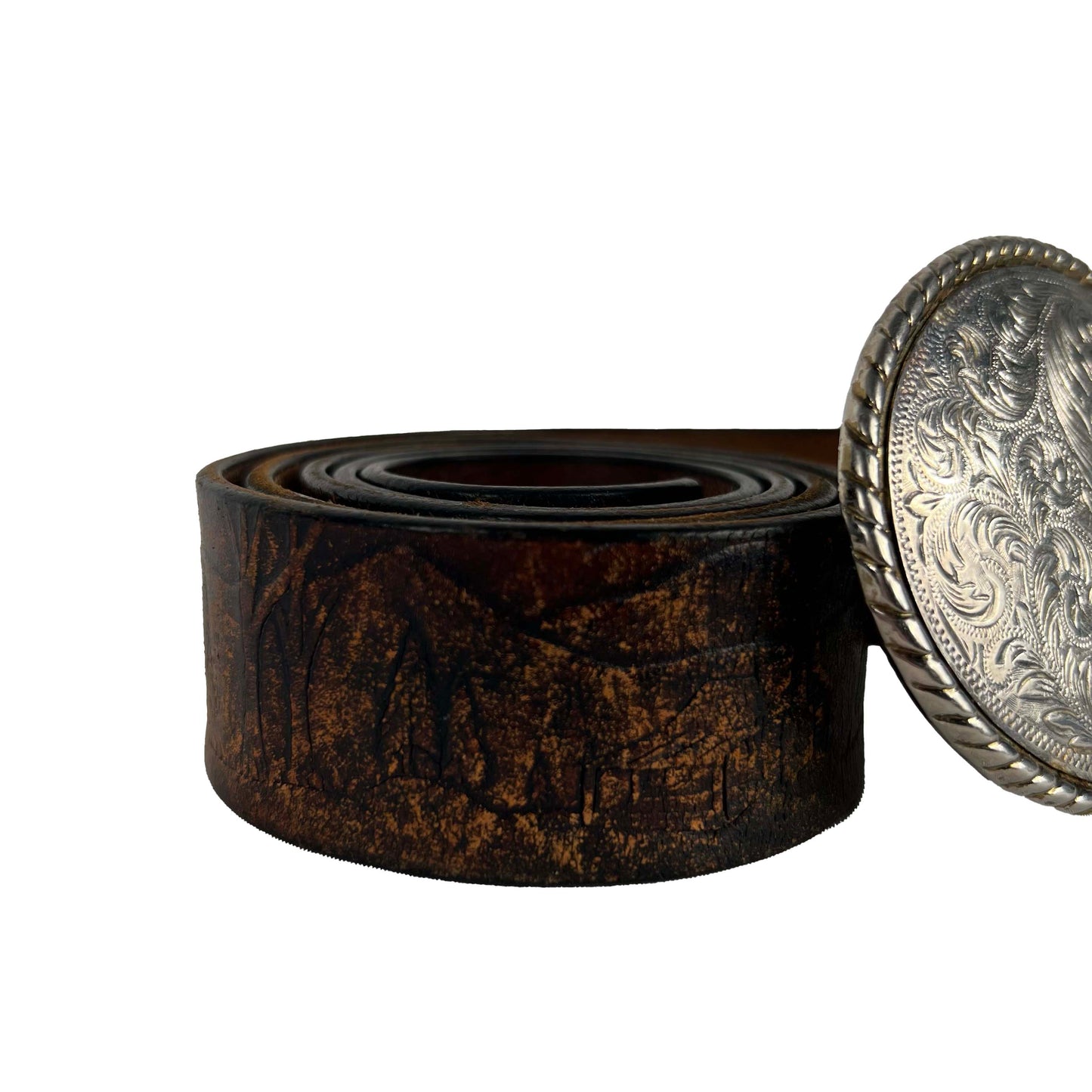 70s Silver Detailed Buckle Patina Brown Winter Scene Leather Belt- 33"-38"