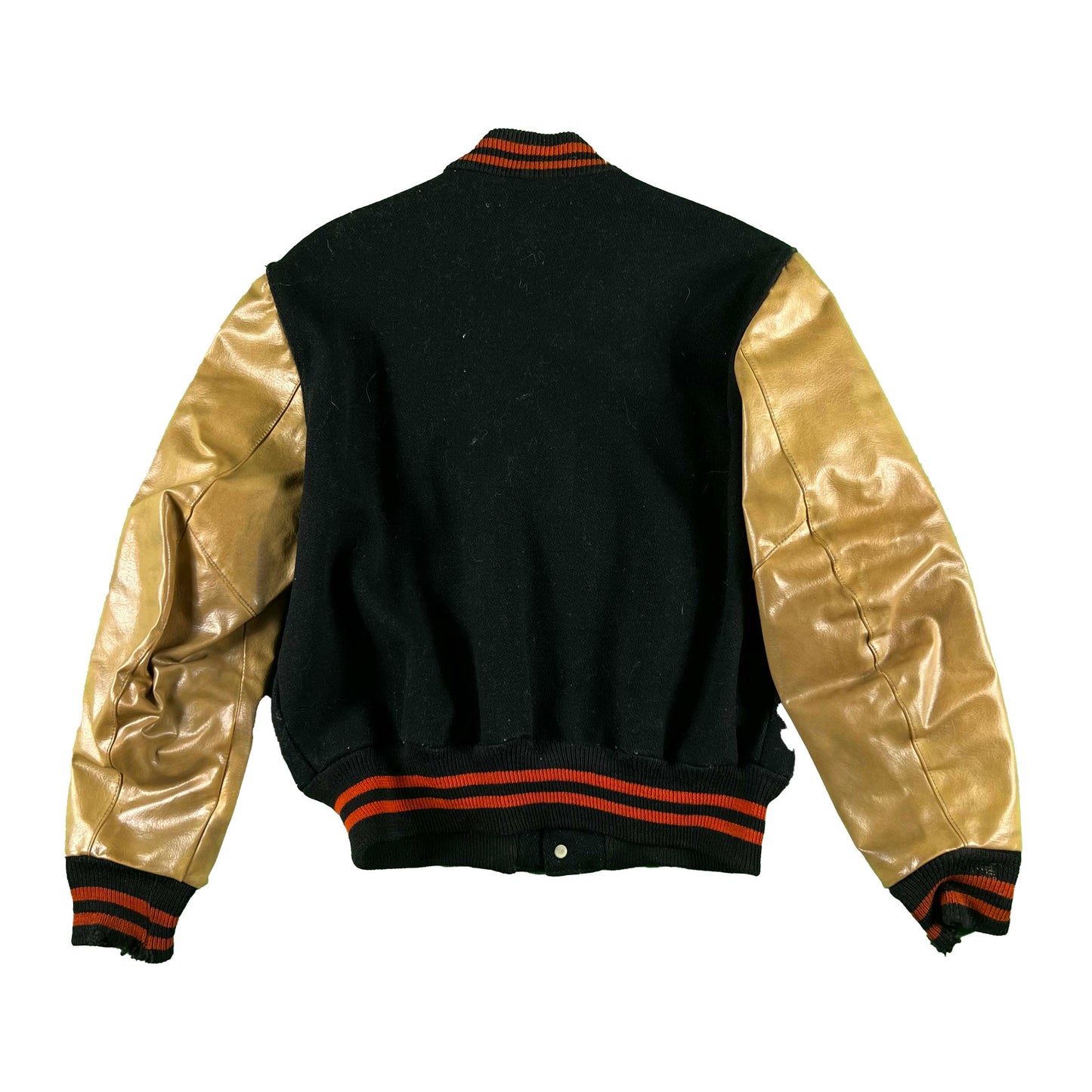 60s Black & Orange w Tan Leather Varsity Jacket- L