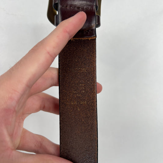 90s Patina Brass Buckle Brown Leather Belt- 30"-34"