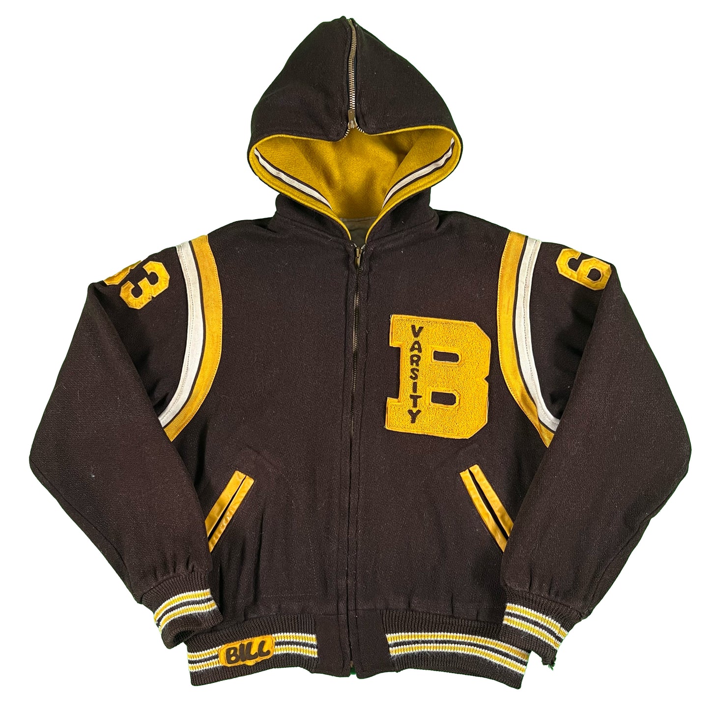 60s Boxy Zip Up Hooded Varsity Jacket- M