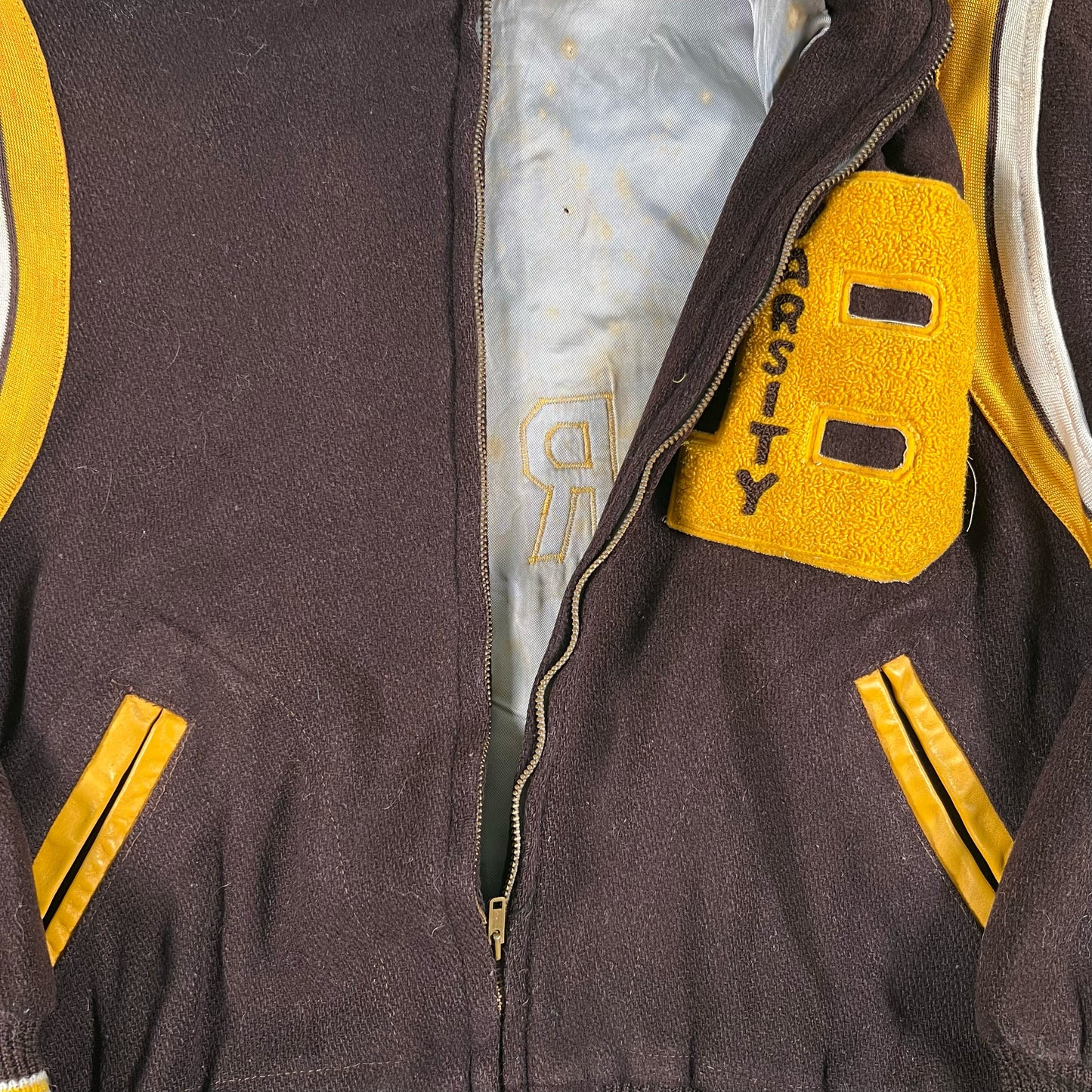 60s Boxy Zip Up Hooded Varsity Jacket- M
